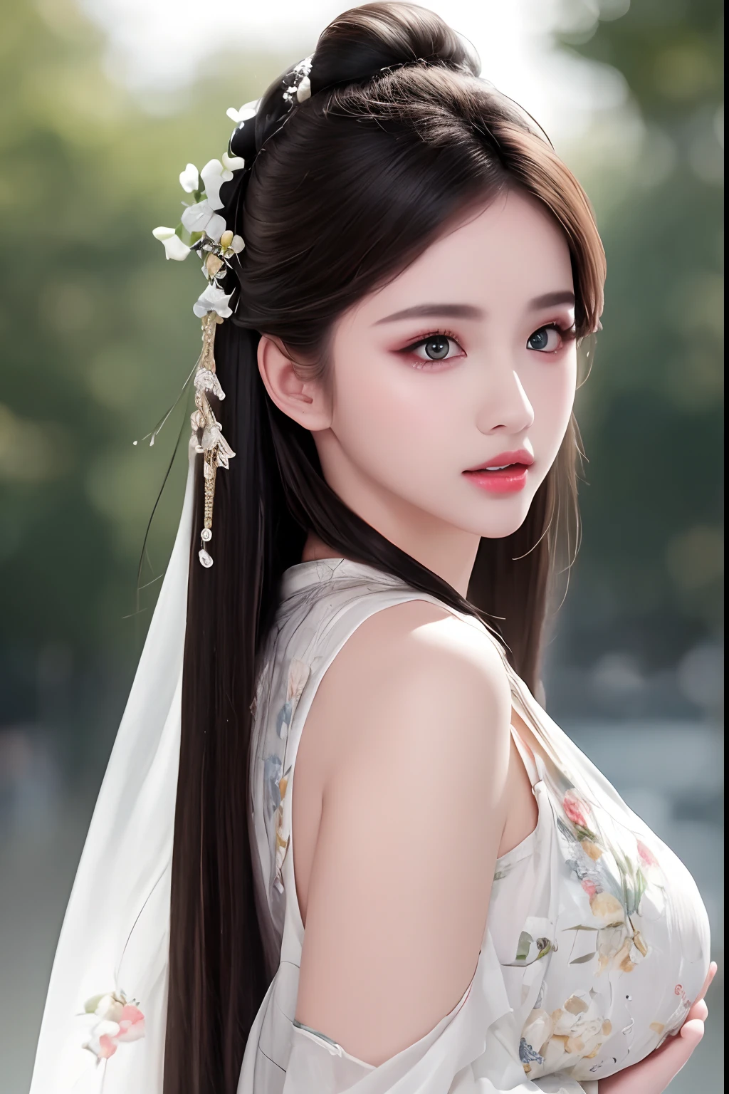 ((Best Quality, 8k, Masterpiece: 1.3)), Focus: 1.2, Perfect Body Beauty: 1.4, Buttocks: 1.2, ((Layered Haircut)), (Wet Clothes: 1.1), (Rain, Street:1.3), (Breasts: 1.2), (Hanfu: 1.2), Bare Shoulders, Bare Legs, Highly Detailed Face and Skin Texture, Fine Eyes, Double Eyelids, Whitened Skin, Long Hair, (Shut Up: 1.5), (Bokeh Background: 1.5), Big Breasts