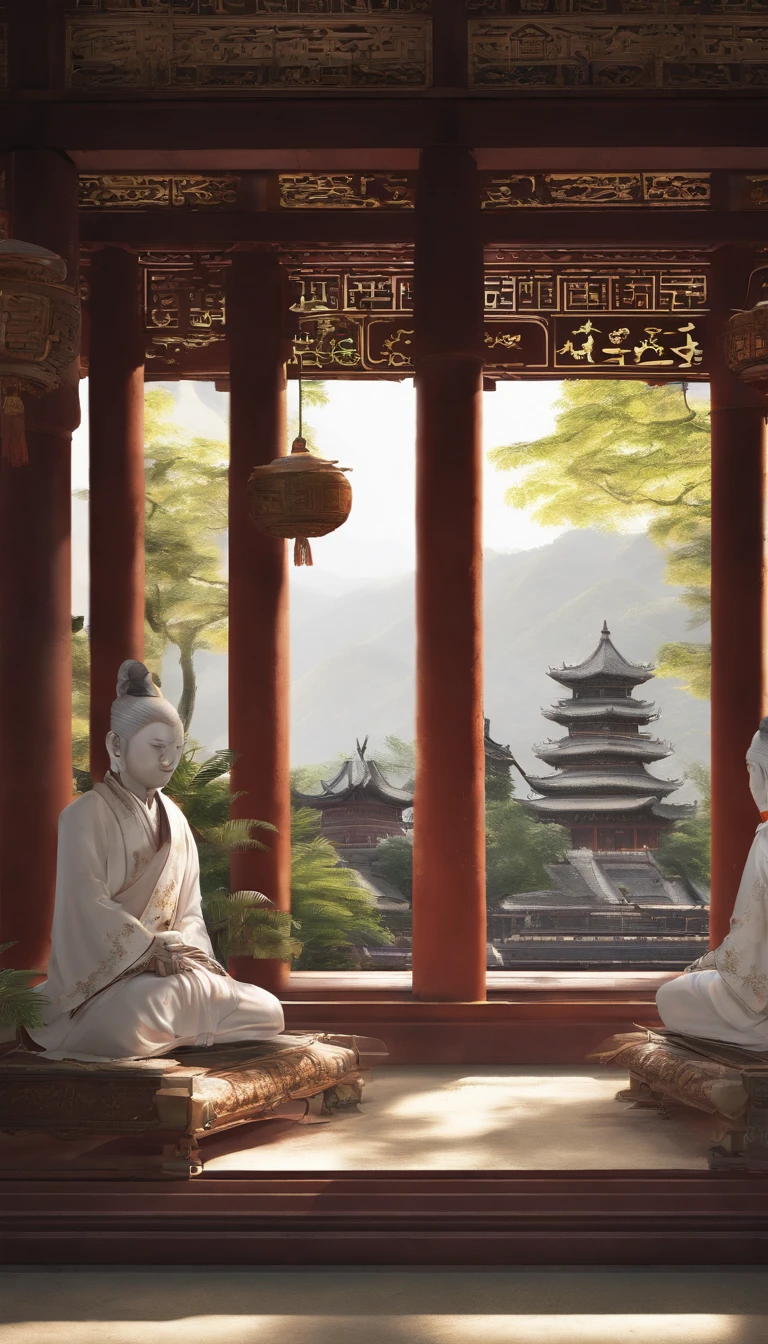 Quaint Han Dynasty style temple，Monks meditate in front of the temple（closeup cleavage），Meditate，zazen，A meditative（Chinese landscape painting），（ink and watercolor painting），（8k wallpaper），（light and shadow effect），rendering by octane，White balance design，Extremely detailed picture depiction，wide angles，depth of fields，tmasterpiece，realisticlying，Beautifully depicted，A detailed，acurate，Works of masters，tmasterpiece