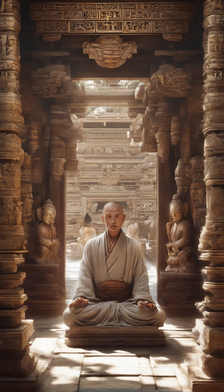Quaint Han Dynasty style temple,Monks meditate in front of the temple(closeup cleavage),Meditate,zazen,A meditative(Chinese landscape painting),(ink and watercolor painting),(8k wallpaper),(light and shadow effect),rendering by octane,White balance design,Extremely detailed picture depiction,wide angles,depth of fields,tmasterpiece,realisticlying,Beautifully depicted,A detailed,acurate,Works of masters,tmasterpiece