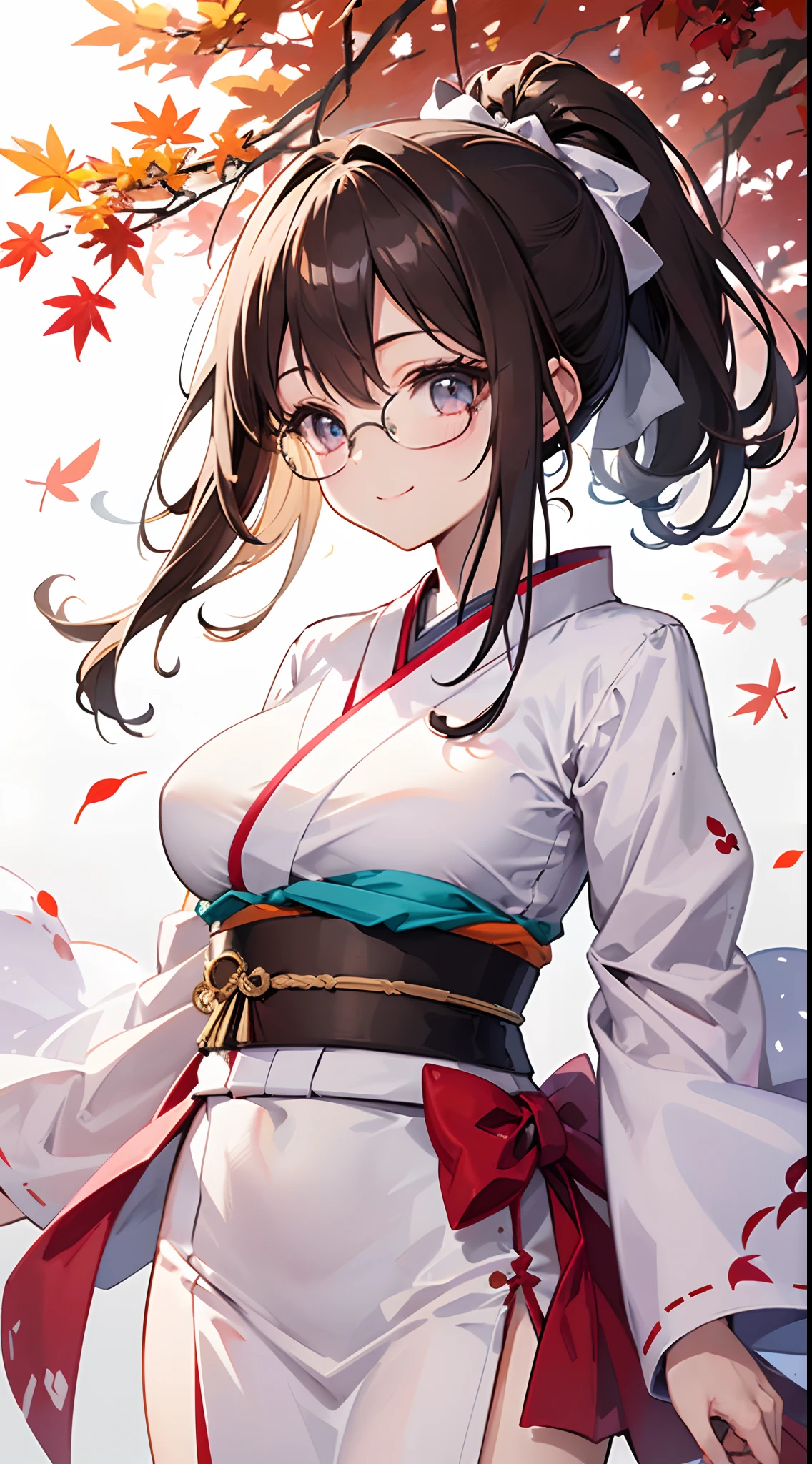 ((masutepiece)), ((Best Quality)), (Ultra-detailed), ((kawaii)), Cute, (lovely), (((Colored leaves))), ((Extremely detailed)), 4K, (8K), Best Quality, (Beautiful), Anime style, Upper body, full body focus, mont, Daytime, Autumn, Cute little girl s, 1girl in, Solo, Kimono, japanese cloth, Beautiful light brown hair, Beautiful purple eyes, ((Beautiful eyes)), White-skinned, Ponytail, Transparent hair, translucent hair, large full breasts, Glasses, ribon, Smile, lightsmile, Neon light, Wind-effect
