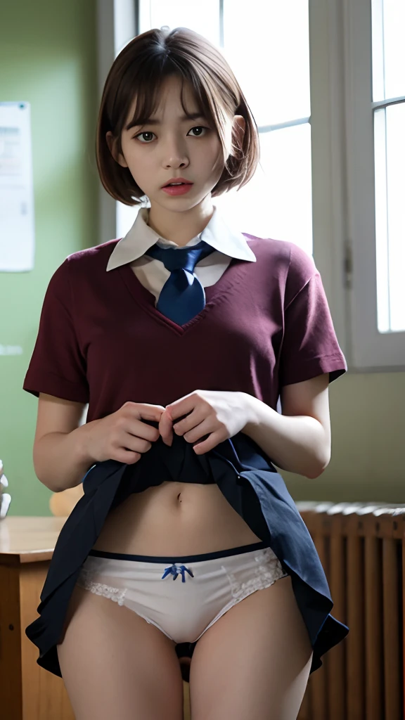 (Sillamäe:1.5), A slender, masterpiece, top-quality, Raw foto, Photorealsitic, faces, Incredibly absurd, beautiful a girl, cute little,Short messy hair, depth of fields, hight resolution, ultra-detailliert, finely detail, ighly detailed, extremely detailed eye and face, Sharp pupils, Realistic pupils, foco nítido, Cinematic lighting,Schoolgirl Uniform、White panties are visible from the skirt、Loose and large shirt、Shoulders are visible、Nipple bumps、20 years girl、shirt wet、Sheer white shirt、Navy blue ribbon at the collar、School Uniform Blazer、Dark blue pleated micro mini、is standing、slightly lift the hem of the skirt with both hands,,,、Very embarrassed look、The face is bright red、