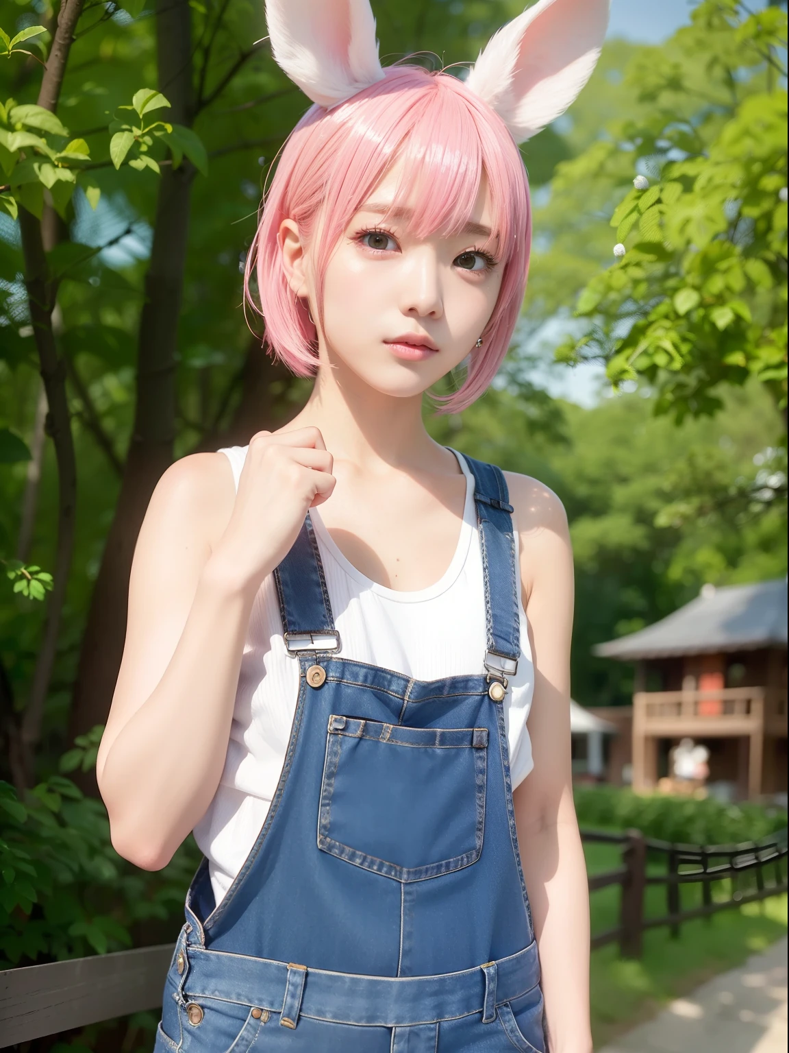 A refreshing morning、Jeans fabric overalls、White bra、Naked under overalls、Protruding、Nipple、Naked overalls、Pink hair、Realistic rabbit ears、rabbit ears pink hair sticking out of the head,,,,,,,,,,,,,,,、Bewitching atmosphere、Beautiful shaped hands、K-POP、Pink rabbit ears、1 girl in、独奏、​masterpiece、top-quality、realisitic、Hyper-detailing、(Glossy skin:1.4)、absurderes、short pink hair、Slender beauties、动态照明、hight resolution、foco nítido、depth of fields、(thick thight:1.0)、A slender :1.2、((Short-cut bob hair))、((k pop:1.3))、Highly detailed facial and skin texture、((魅惑的))、Anatomically correct number of fingers、Correct anatomy、Angle from below