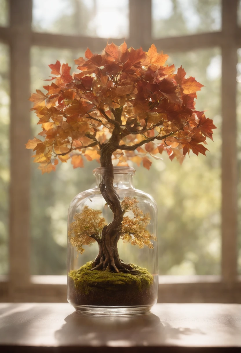 Dream art tree in a bottle, Fluffy, Realistic, Photo, kanon, Dreamlike, art, Colorful leaves and branches，There are flowers on the top of the head. Hyper-detailed realism by Greg Rutkowski - H 1024 W 804 | f 1 6 lens mark 2:2 s 3555 mm film grains :1 realistic high-resolution sharp focus contrast!! Intricate details Atmospheric refractive lighting Unreal Engine 5 Cinematic Concept Photography Masterpiece Octane rendering CGhSociety's trend rendering as