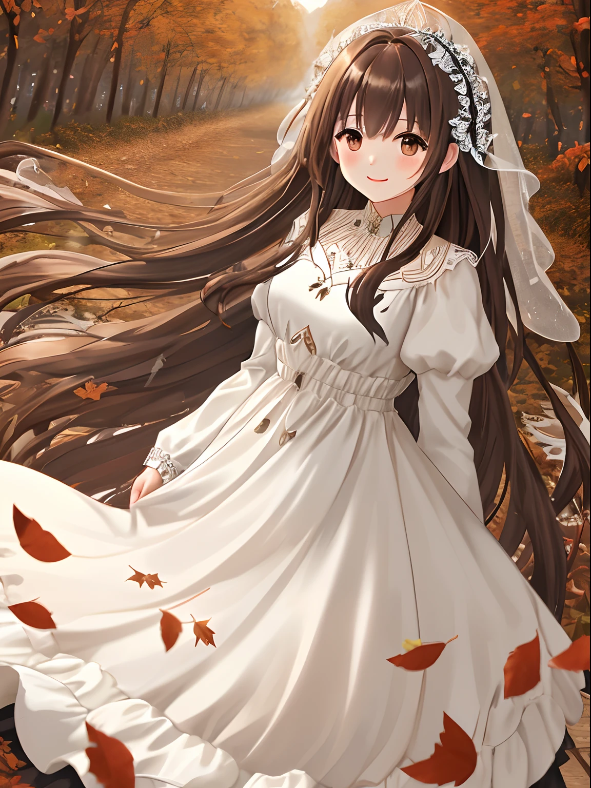 Brown and white long dress Pretty girl cabelos preto e longos a smile Black eyes Photo of partially fallen leaves fluttering Dress and hair fluttering in the wind Fairytale background Autumn fantasy