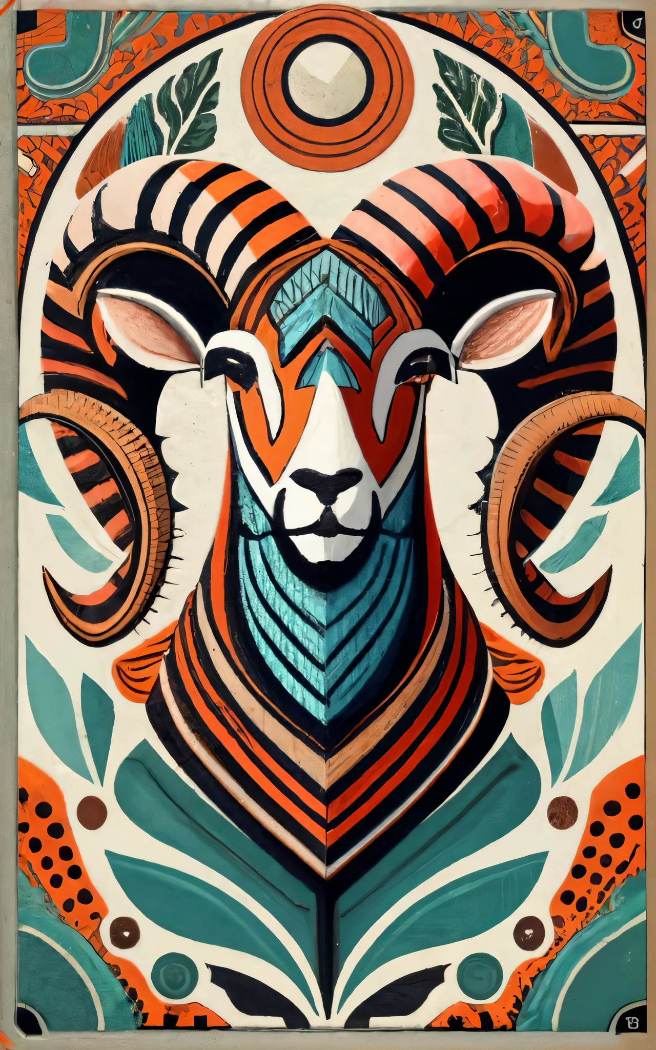 painting of a ram with a colorful pattern on it's face, aries fiery ram tarot, by Tim Biskup, adobe illustrator art, illustrations of animals, inspired by Petros Afshar, jen bartel, symmetrical artwork, illustration art, inspired by Tim Biskup, behance art, very coherent stylized artwork, highly detailed vector art