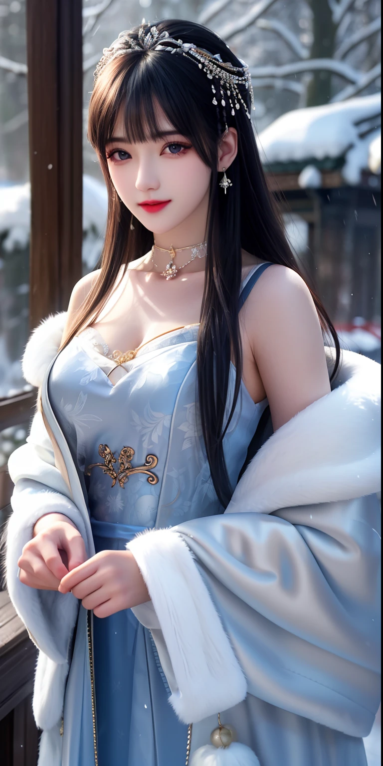 best qualityer，8K， tmasterpiece， A high resolution， 1girll， Clear silk porcelain dress， Fur coat， hair adornments， ssmile， Keep one's mouth shut， cparted lips，Large breasts，Shoulder， shift dresses， hair adornments， choker necklace， jewely， Chinese outfit， long whitr hair， 耳Nipple Ring， Detailed beautiful eyes， detailed eyelashes， beautiful  face，after sexing_Body， Tyndall effect，realisticlying， edge lit， twotonelighting，（highdetailskin：1.2）， 8K  UHD， digital SLR camera， gentle illumination， high high quality， Volumetriclighting， Frankness， photore， A high resolution， Bokeh， at a forest， Falling snow， Winters， in the afternoon