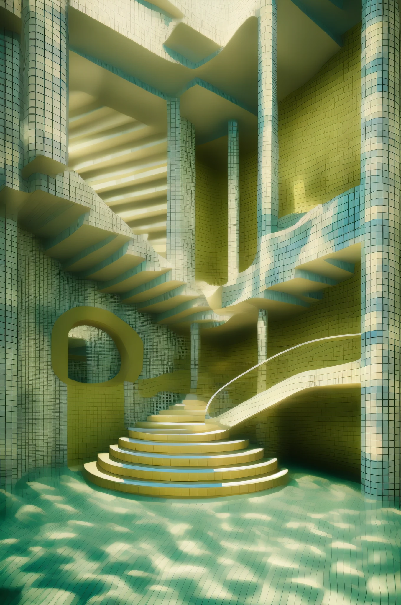 The room with the stairs leading to the top has a pool, tiled room squared waterway, surreal 3 d render, archviz, Impossible STIJL architecture, cool 3d visualisation, Inspired by Ricardo Bofill, architecture visualisation, A room like a puzzle, architecture render, architectural concept, 3D Perspective, Inside the MC Escher Architecture, Architectural Visualization