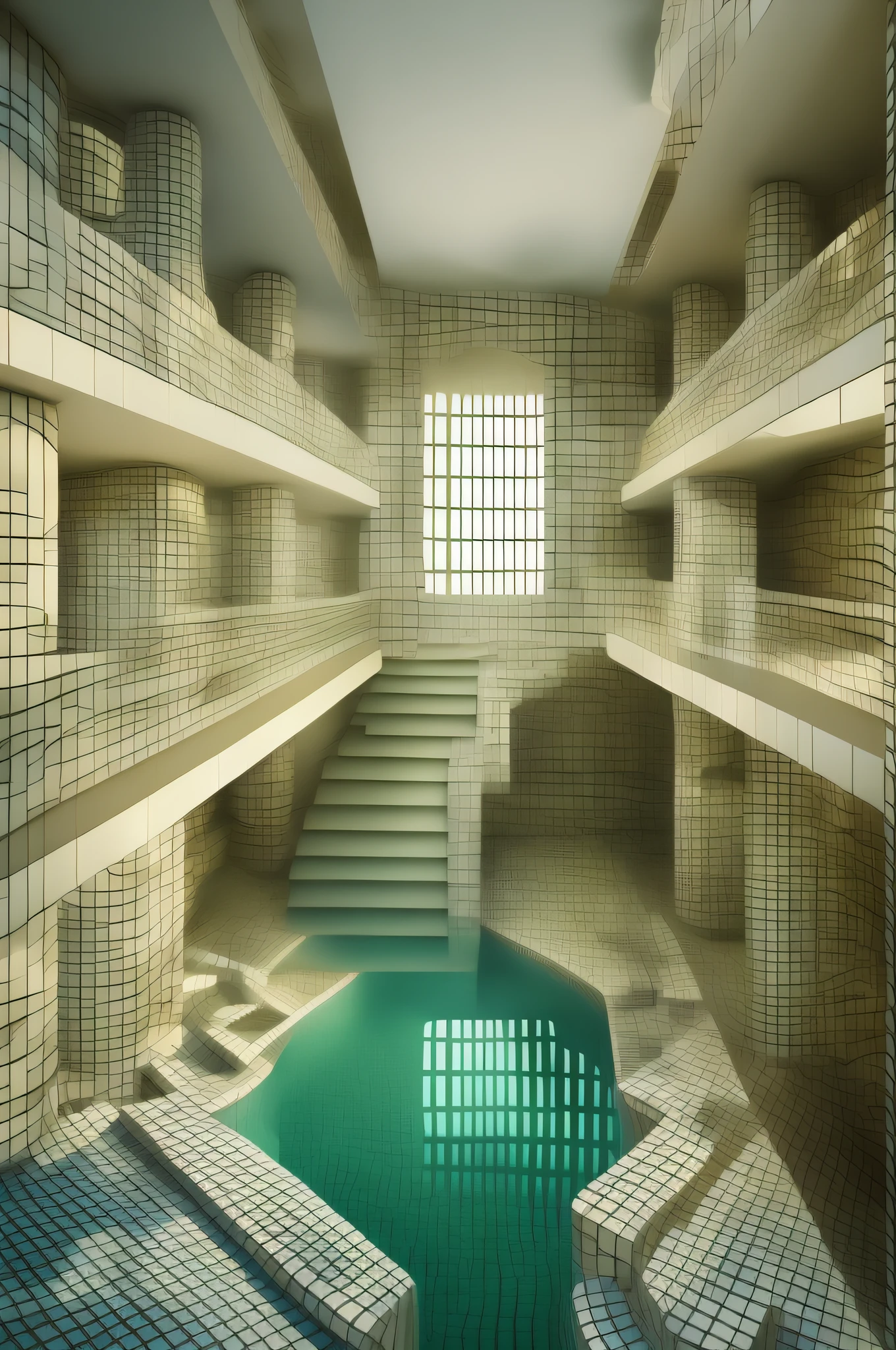 The room with the stairs leading to the top has a pool, tiled room squared waterway, surreal 3 d render, archviz, Impossible STIJL architecture, cool 3d visualisation, Inspired by Ricardo Bofill, architecture visualisation, A room like a puzzle, architecture render, architectural concept, 3D Perspective, Inside the MC Escher Architecture, Architectural Visualization