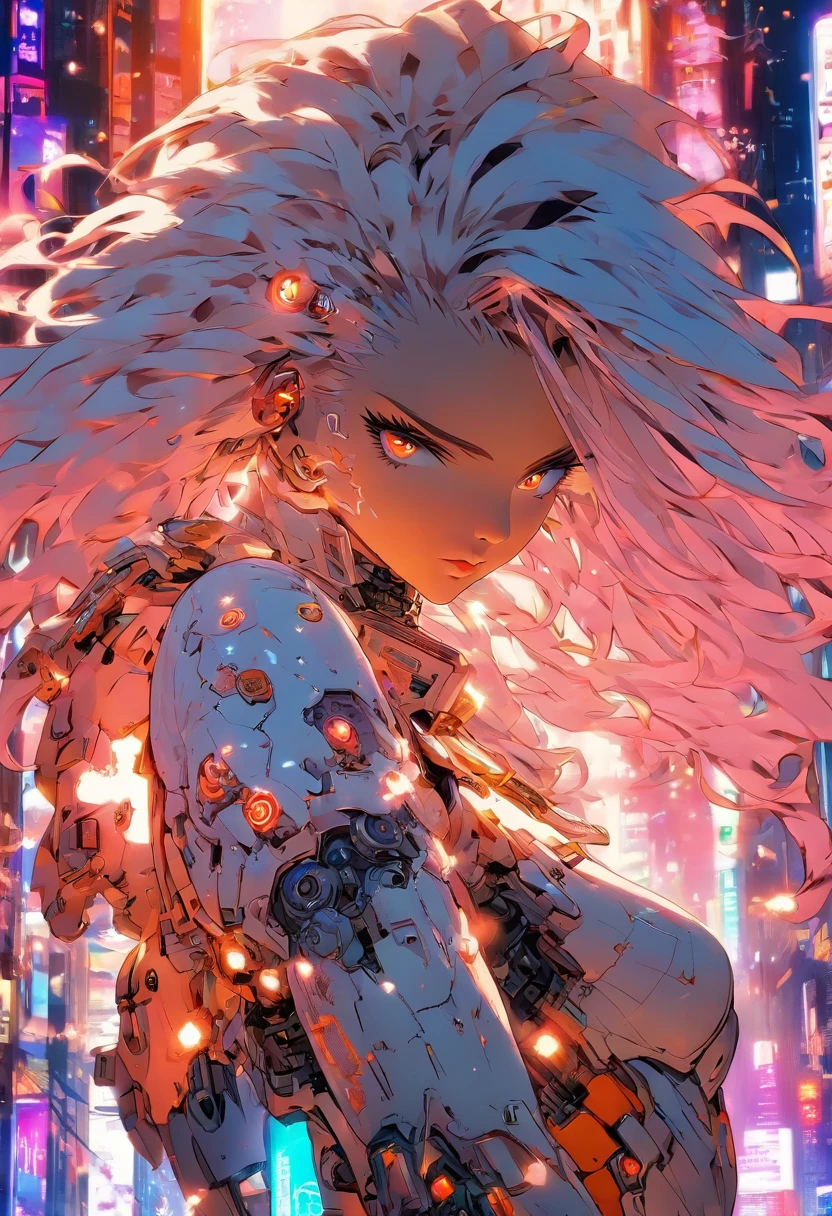 The most beautiful and gorgeous cyberpunk girl, long white hair, orange eyes, wearing highly detailed futuristic battle armor, mechanical angel wings, a glowing halo, tattoos and piercings, cherry blossoms blowing in the wind, futuristic cyber city, perfect masterpiece, high quality, high resolution