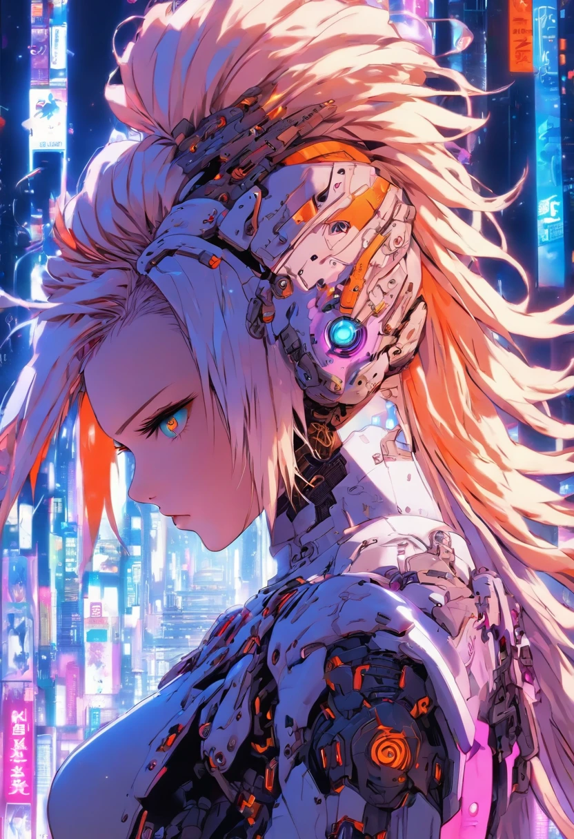 The most beautiful and gorgeous cyberpunk girl, long white hair, orange eyes, wearing highly detailed futuristic battle armor, mechanical angel wings, a glowing halo, tattoos and piercings, cherry blossoms blowing in the wind, futuristic cyber city, perfect masterpiece, high quality, high resolution
