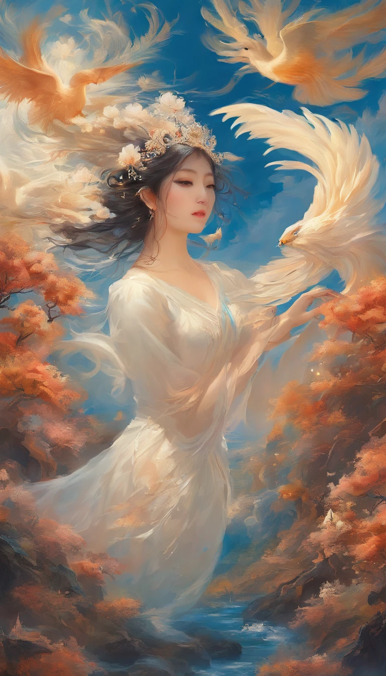 Blue sky in dreams，baiyun，Ultra-ethereal sky，Thick rolling white clouds，Like white clouds in a fairyland，The phoenix flies in a shape like a cloud，Clouds of giant birds spreading their wings，closeup cleavage，（ultra-realistic realism），（Unreal style），（8k wallpaper），（light and shadow effect），rendering by octane，White balance design，Extremely detailed picture depiction，wide angles，depth of fields，tmasterpiece，realisticlying，Beautifully depicted，A detailed，acurate，Works of masters，tmasterpiece