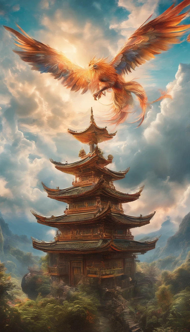 fenghuang，Flying Phoenix，chinesedragon，Dutch Golden Age painting, Fuji colors, Sparkle, Blurry, fading border, round corners, partial underwater shot, Masterpiece, Award-Awarded, A high resolution, 1080p, 8K,in a red dream world, A beautiful artwork illustration, There is a red poster，There are pictures of pagodas and flowers on it