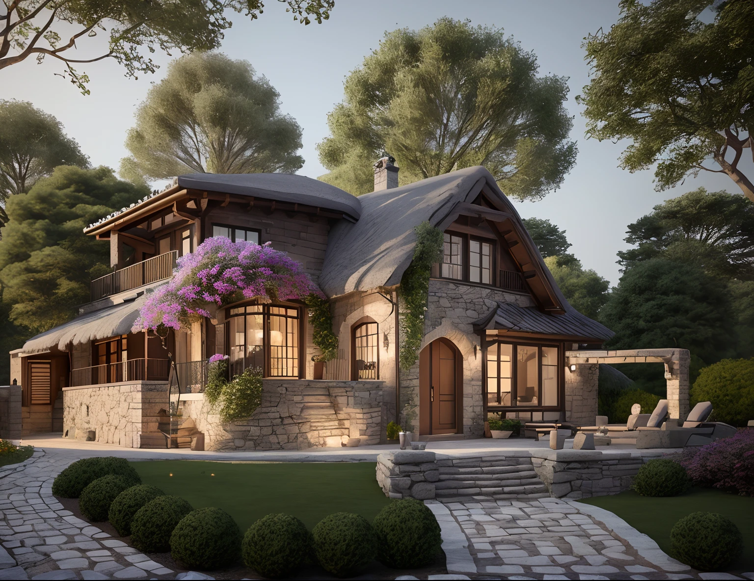 arafed house with a stone pathway and a stone path leading to a stone patio, in style of 3d render, cottage, stylized digital illustration, french village exterior, 3 d rendering, 3d rendering, concept house, complete house, exterior design, fantasy house, beautiful rendering, photorealistic style, a digital rendering, pre-rendered