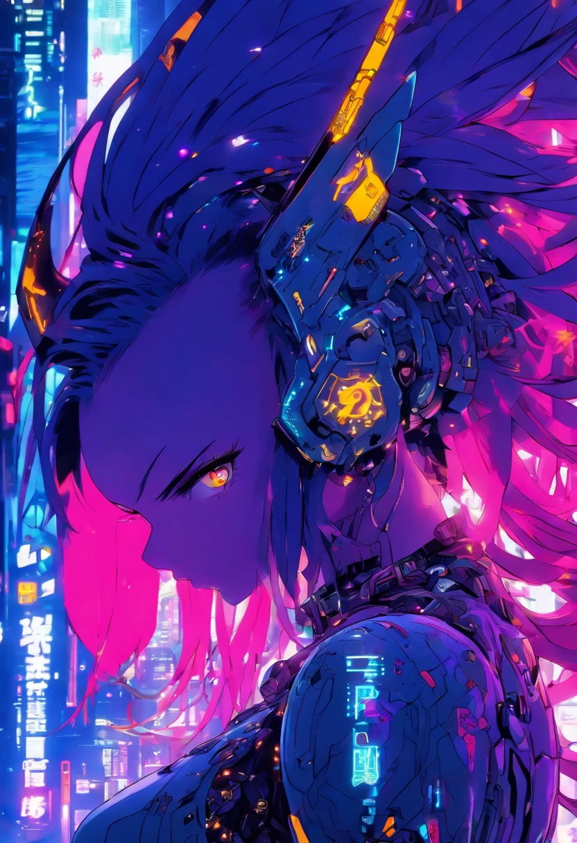 The most beautiful and gorgeous cyberpunk girl, long purple hair, orange eyes, wearing highly detailed futuristic battle armor, mechanical angel wings, a glowing halo, tattoos and piercings, cherry blossoms blowing in the wind, futuristic cyber city, perfect masterpiece, high quality, high resolution