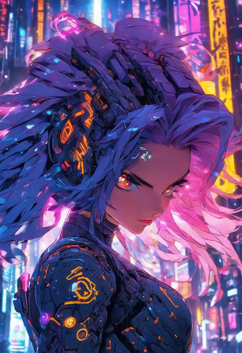 The most beautiful and gorgeous cyberpunk girl, long purple hair, orange eyes, wearing highly detailed futuristic battle armor, mechanical angel wings, a glowing halo, tattoos and piercings, cherry blossoms blowing in the wind, futuristic cyber city, perfect masterpiece, high quality, high resolution