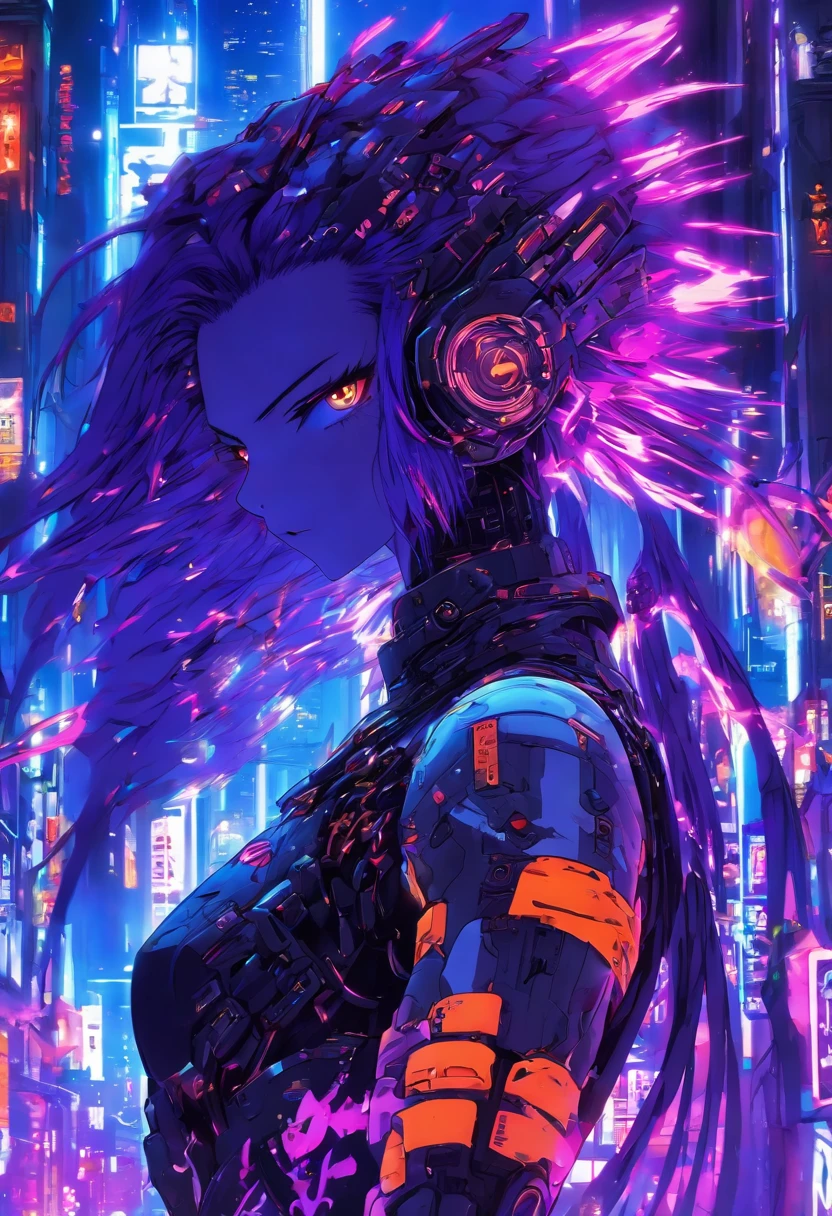 The most beautiful and gorgeous cyberpunk girl, long purple hair, orange eyes, wearing highly detailed futuristic battle armor, mechanical angel wings, a glowing halo, tattoos and piercings, cherry blossoms blowing in the wind, futuristic cyber city, perfect masterpiece, high quality, high resolution