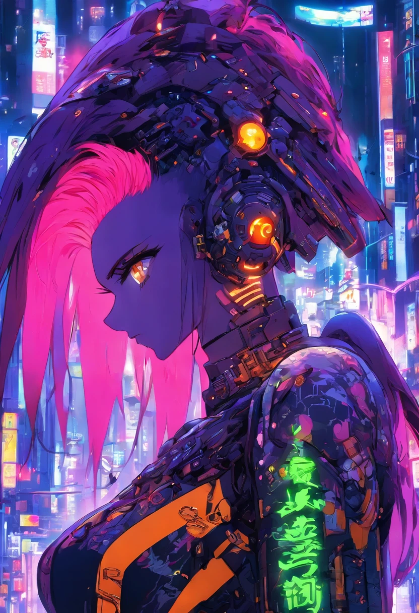 The most beautiful and gorgeous cyberpunk girl, long purple hair, orange eyes, wearing highly detailed futuristic battle armor, mechanical angel wings, a glowing halo, tattoos and piercings, cherry blossoms blowing in the wind, futuristic cyber city, perfect masterpiece, high quality, high resolution