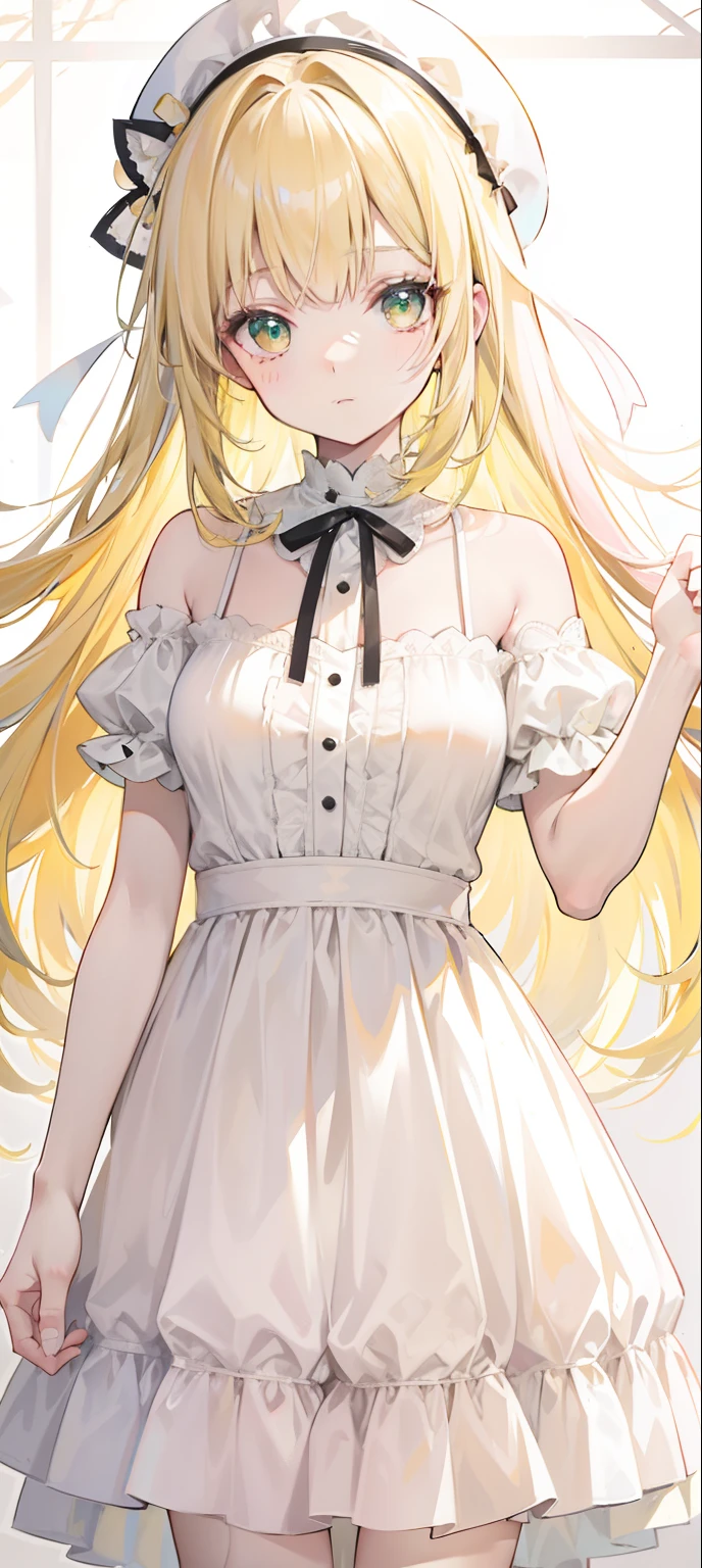 Pale greenish-yellow hair,A dress with a light pink and white match,Sweet girl Lori,