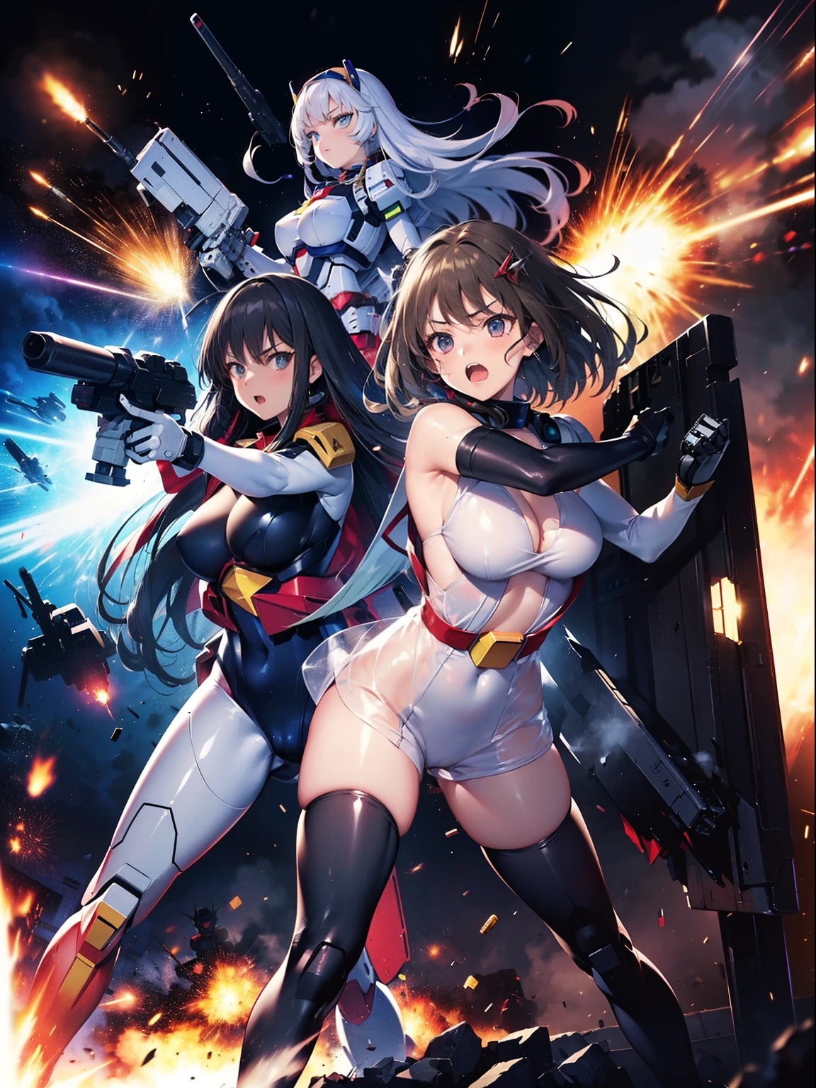 (Girls punching the GUNDAM, knocking down the GUNDAM), Girls destroying GUNDAM, Girls fighting to GUNDAM, holding weapons, crushed GUNDAM, explosion, shooting, fired to GUNDAM, war, girl holding missile launchers, ((wearing mechanical suits, machinery costume, bullet belt)), (Girls wearing mechanical animal suits:1.2), image board,