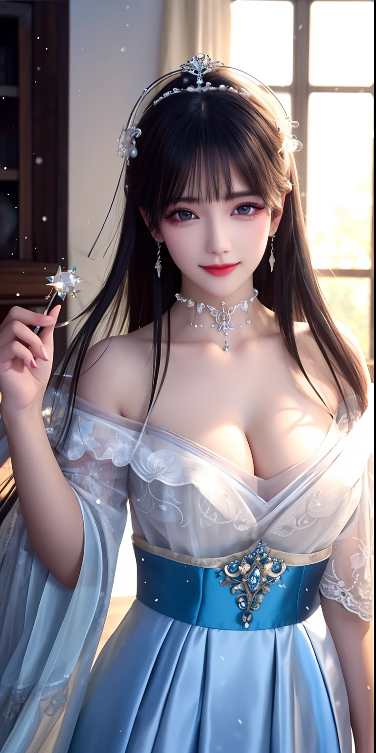 best qualityer，8K， tmasterpiece， A high resolution， 1girll， Clear silk porcelain dress， Fur coat， hair adornments， ssmile， Keep one's mouth shut， cparted lips，Large breasts，Shoulder， shift dresses， hair adornments， choker necklace， jewely， Chinese outfit， long whitr hair， 耳Nipple Ring， Detailed beautiful eyes， detailed eyelashes， beautiful  face，after sexing_Body， Tyndall effect，realisticlying， edge lit， twotonelighting，（highdetailskin：1.2）， 8K Ultra HD， digital SLR camera， gentle illumination， high high quality， Volumetriclighting， Frankness， photore， A high resolution， Bokeh， at a forest， Falling snow， Winters， in the afternoon