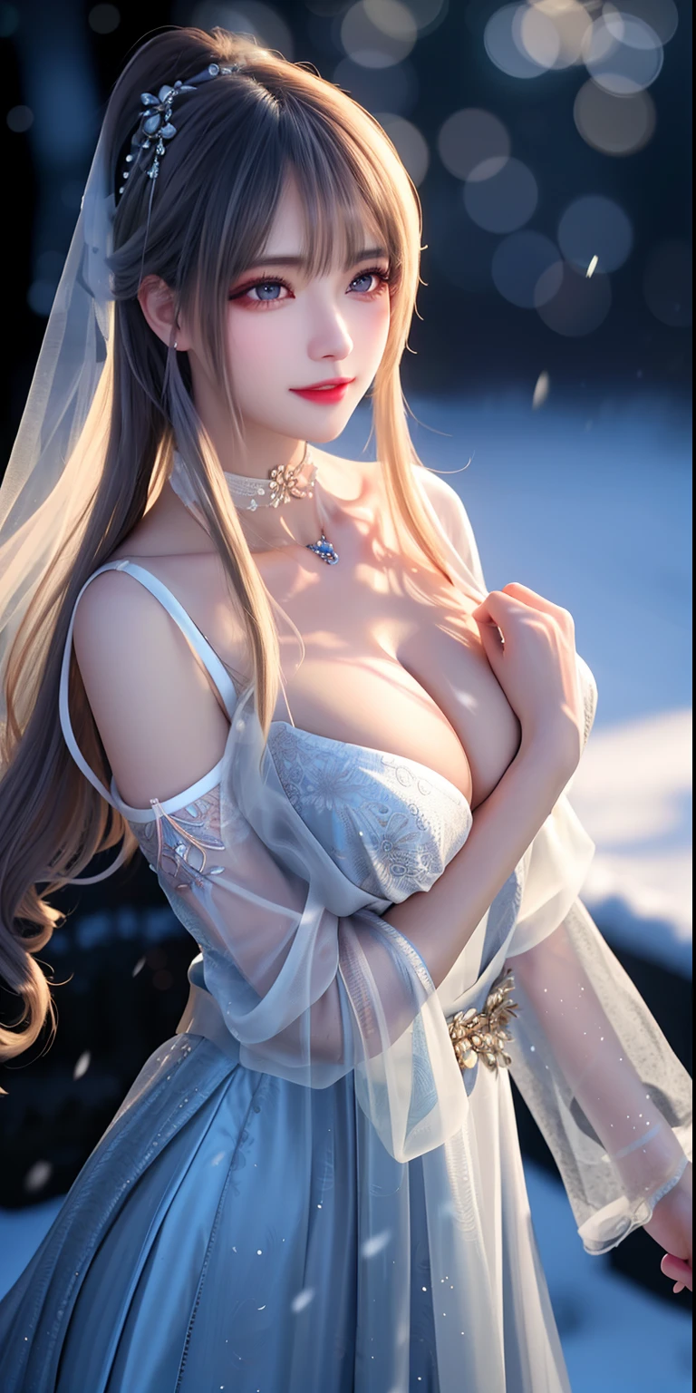 best qualityer，8K， tmasterpiece， A high resolution， 1girll， Clear silk porcelain dress， Fur coat， hair adornments， ssmile， Keep one's mouth shut， cparted lips，Large breasts，Shoulder， shift dresses， hair adornments， choker necklace， jewely， Chinese outfit， long whitr hair， 耳Nipple Ring， Detailed beautiful eyes， detailed eyelashes， beautiful  face，after sexing_Body， Tyndall effect，realisticlying， edge lit， twotonelighting，（highdetailskin：1.2）， 8K, Ultra HD， digital SLR camera， gentle illumination， high high quality， Volumetriclighting， Frankness， photore， A high resolution， Bokeh， at a forest， Falling snow， Winters， in the afternoon