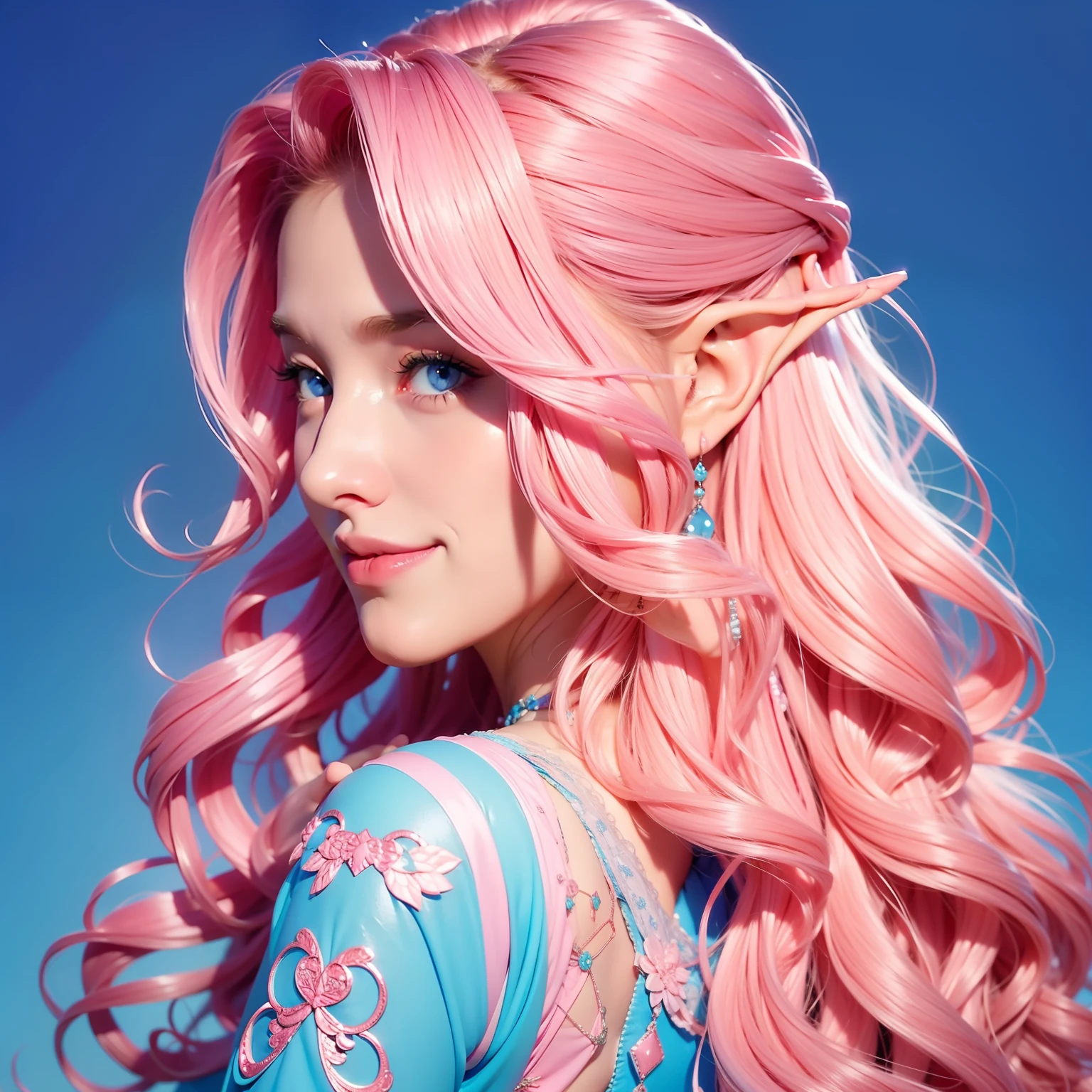 1 woman, long curly hair, pink hair, elf, sexy outfit, short, blue background, pink outfit, smile, blue eye color, sexy woman, profile photo