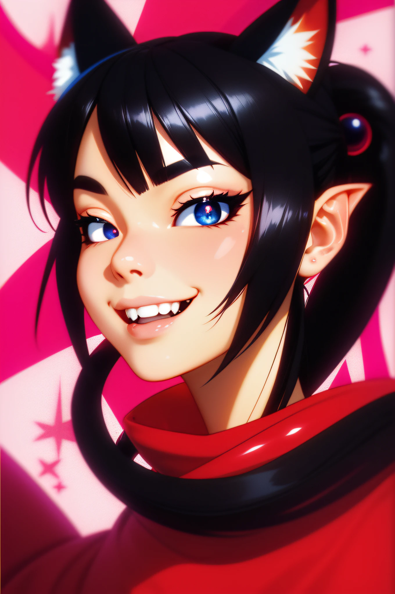 black hair, hair bobbles, wince, longeyelashes, solid circle eyes, fake animal ears, light smile, ear blush, fang, Surrealism, drop shadow, anaglyph, stereogram, tachi-e, pov, atmospheric perspective, Surrealism, 8k, super detail, ccurate, best quality