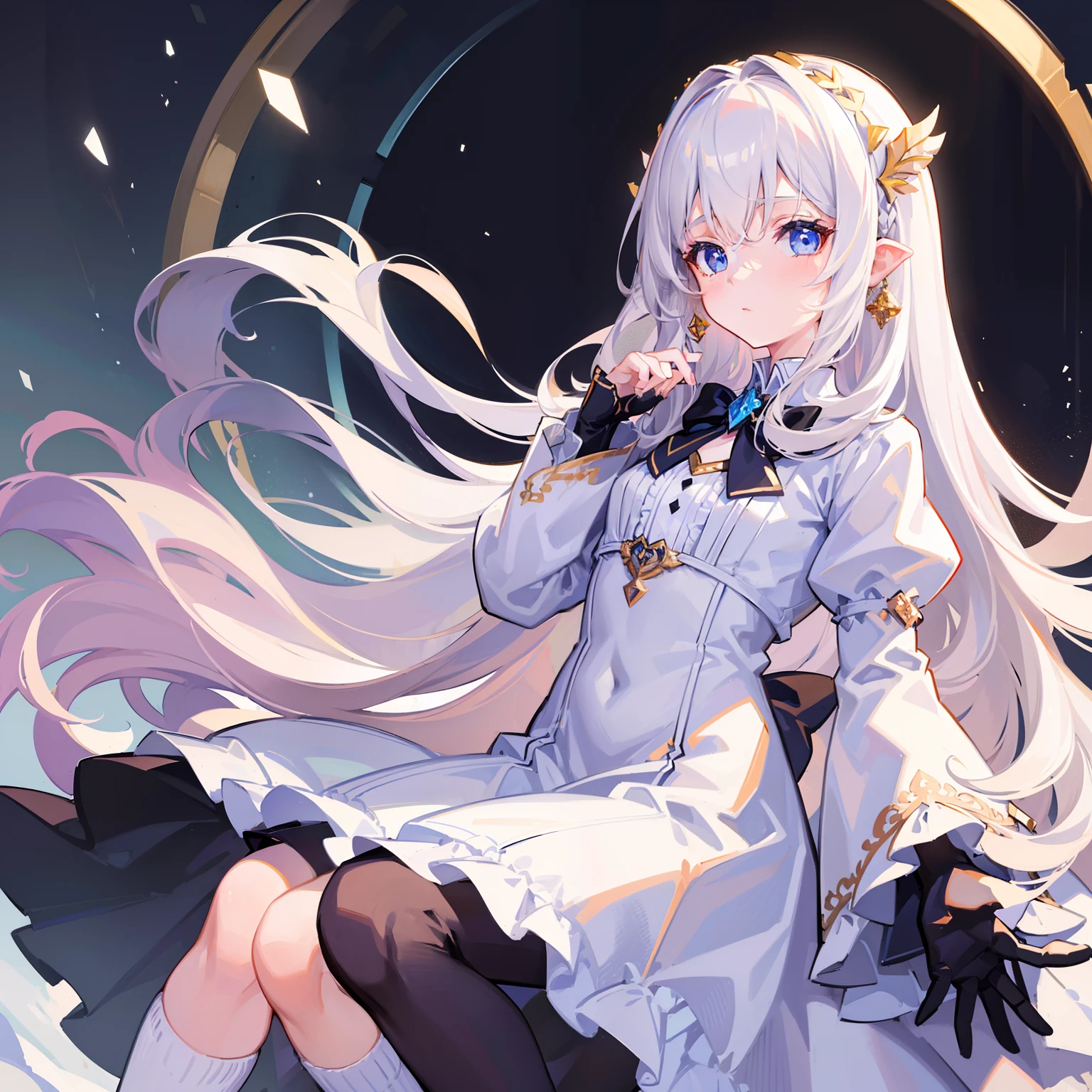 Beautiful illustration，Best quality at best，A cold ，（Transform the sequence），Transform into a magical girl，tchibi，Black magical girl，s fractal art，albinism，a baby face，Long black and white reticulated hair，beautiful detailed brown eyes，cinmatic lighting，cowboy lens，looking at viewert，From the bottom，cheerfulness