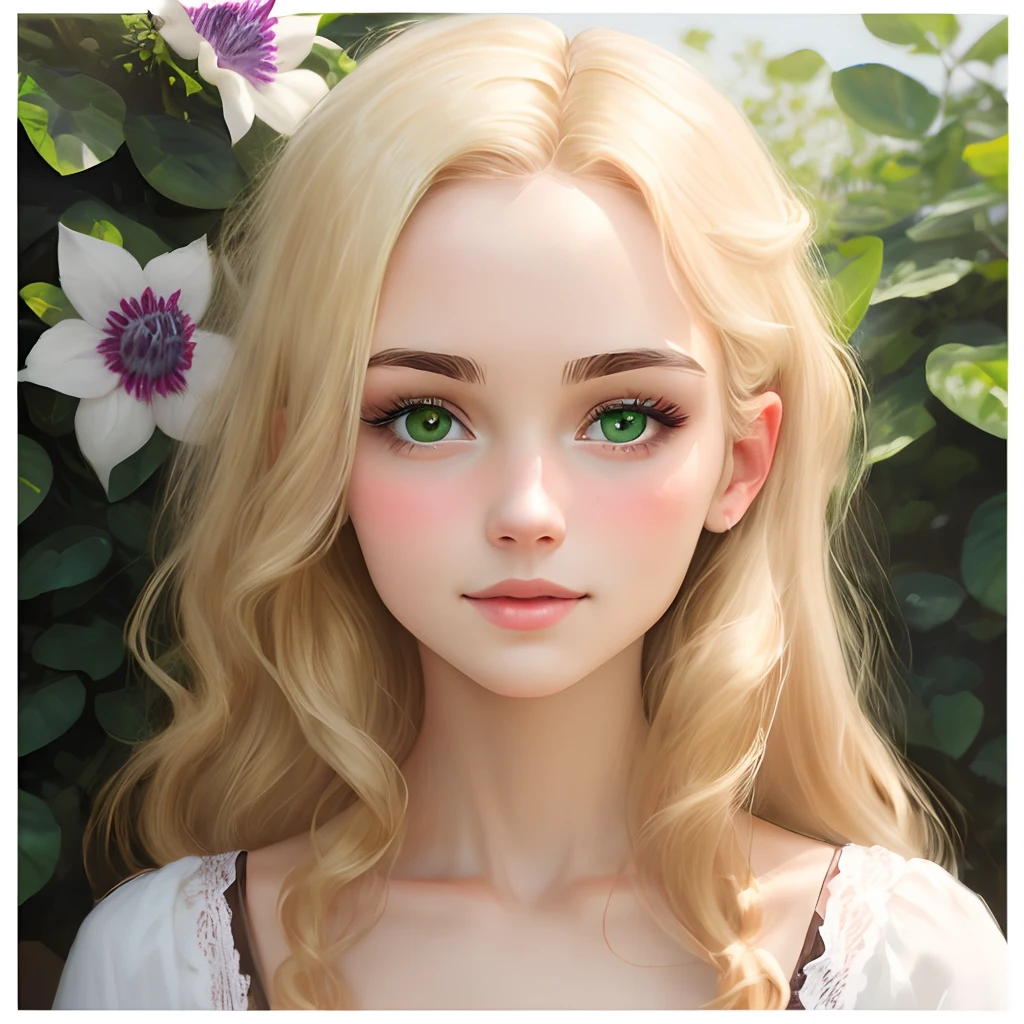 Portret Passiflora and European girl with blonde hair and green eyes