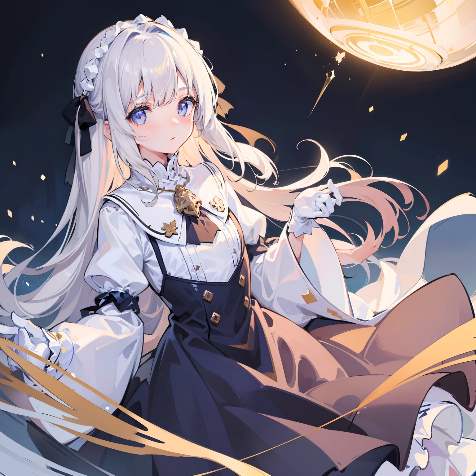 ((illustration)),(((masterpiece))),((((1 girl)))), ((solo)),(((wide angle))),((The girl is trapped inside a huge glass ball with snow falling)),
snowflakes, ice, cold,best quality, illustration,beautiful detailed glow,(beautiful detailed eyes),li,((hidden hands)),(((small chest))),gold hair, shiny hair, long hair,,earrings,necklace,hair ornament,expressionless,beautiful detailed white gloves, long bangs, dark dress, black kneehighs, black ribbon,white bowties,large top sleeves,(beautiful detailed sky)