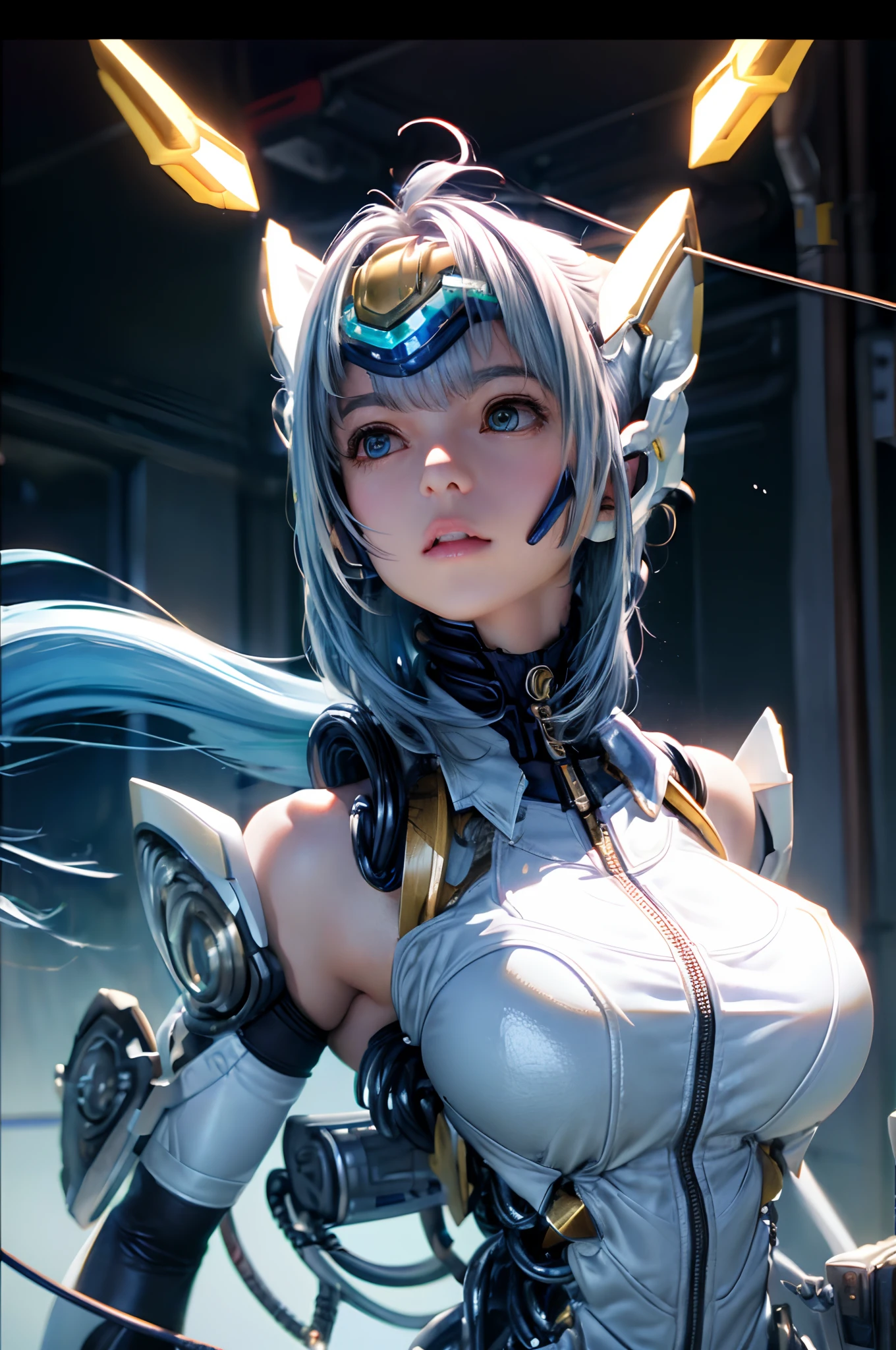 top-quality、​masterpiece、超A high resolution、(Photorealsitic:1.4)、1人、Light blue hair、Straight hair, shiny and clean hair、White shiny skin、Sexy Cyberpunk Girl、((super realistic details))、Shadow、octan render、ultrasharp、hyperdetailed face、Fiberglass、Luminous tube、highly intricate detail、Realistic light、CGSoation Trends、((Golden Eyes))、(Facing the camera)、neon details、Mechanical limbs、Mechanical vertebrae attached to the back、mechanical cervical attaching to neck、Wires and cables connecting to the head、cosmic background、Rat trail section、((valkyrie))、((Beam Cannon))