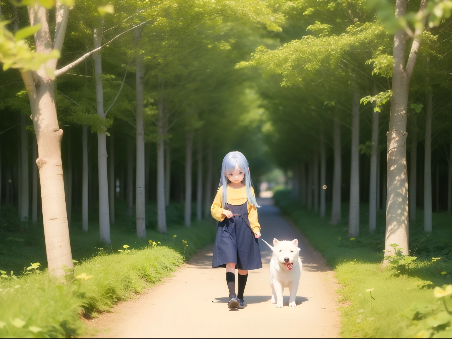 Cute little girl and puppy Light blue long hair、Black eyes、Large in the center Stroll through the yellow ginkgo forest Fairy tale background、Fantasia、