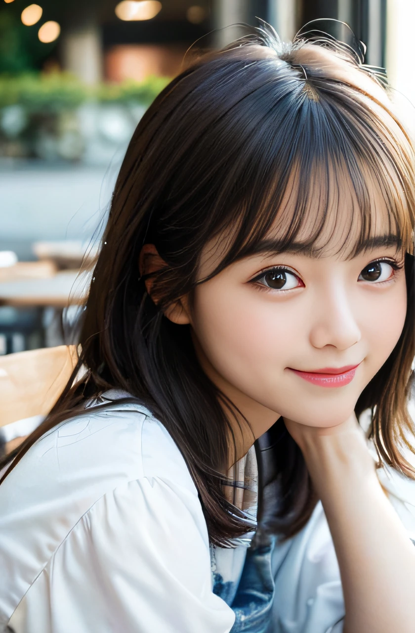 1girl, black hair, (18 years old:1.3),
A girl is sitting at the table across from me in the cafe, There is a cafe latte on the table, a cup of cafe latte, She is looking at me and smiling, (whole body:1.3), a somewhat long face,
(8k, RAW photo, best quality, masterpiece:1.2), High detail RAW color photo, professional photograph,(realistic, photo realistic:1.2), ((best quality)), bokeh, using reflectors, f/1.4, 50mm,
japanese girl, detailed beautiful face, finely detailed face, (bashful smile:1.2),captivating smile, beautiful, extremely pretty, cute like a doll, female idol, round big eyes, small nostrils,