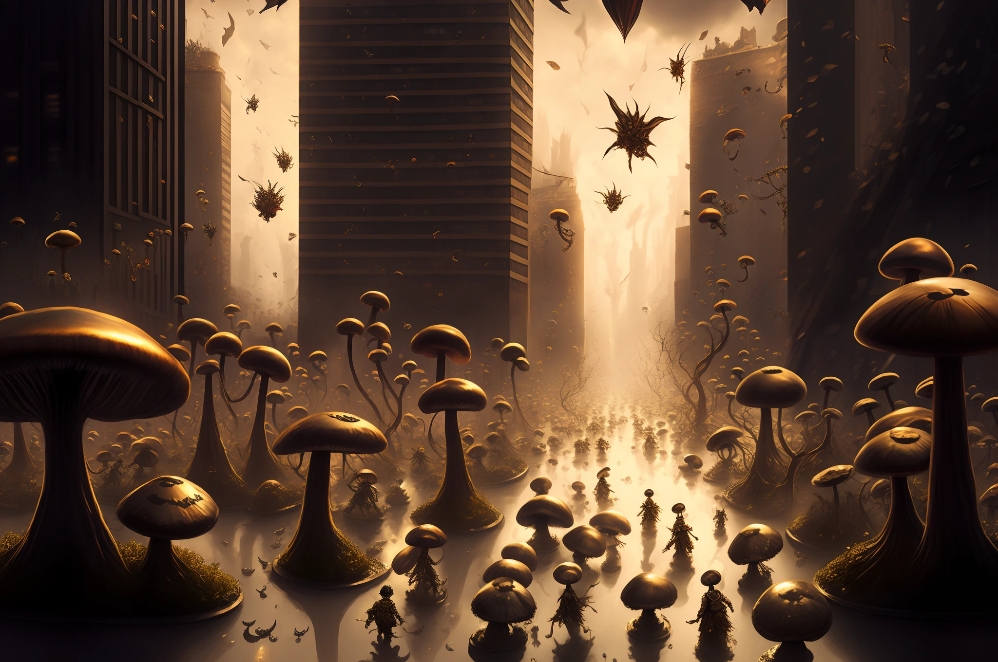 army of poisonous-looking mushrooms, invade a city, hallucination, dreamlikeart