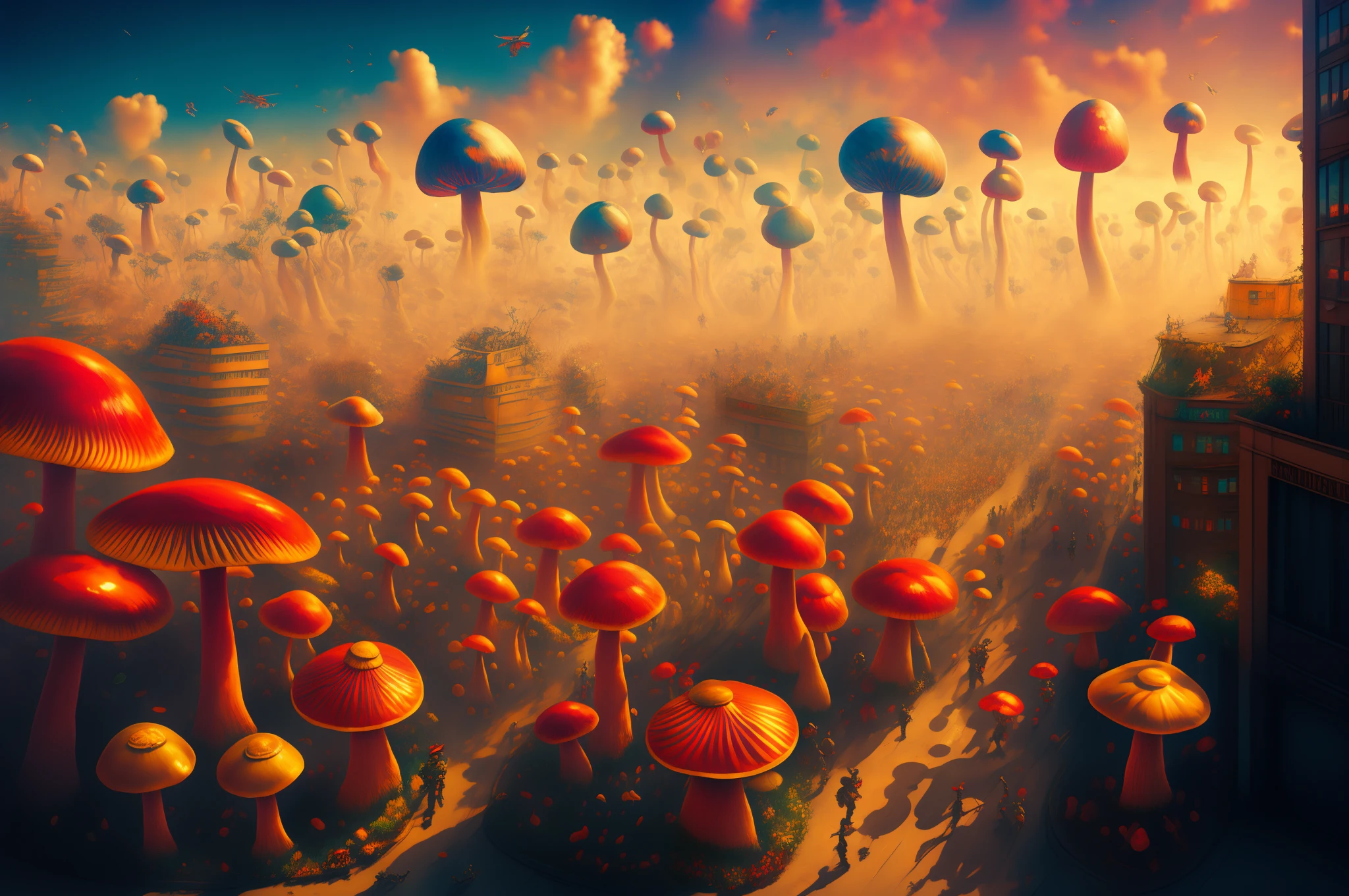 army of colorful mushrooms, invade a city, hallucination, dreamlikeart