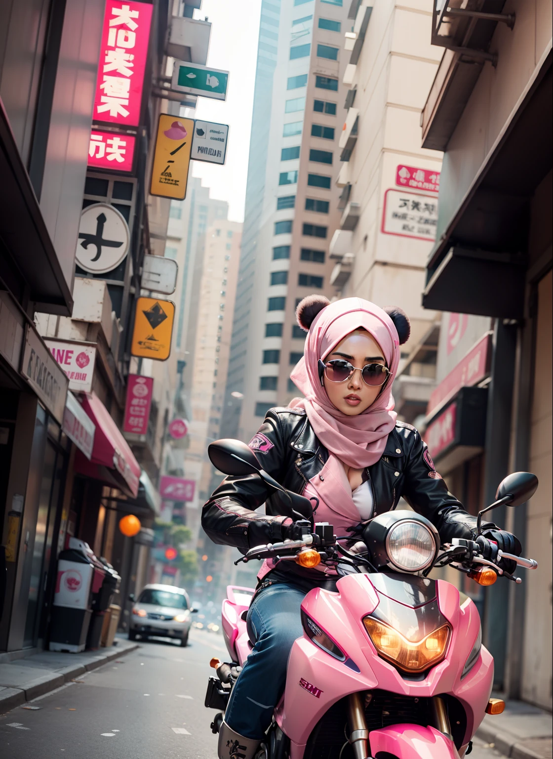 Slim and Medium breasted malay woman in hijab, pink food delivery motorcycle, panda emblem at delivery box, pink delivery box, sunglasses, sci-fi, with gun, explosions behind, dramatic scene, movie poster,