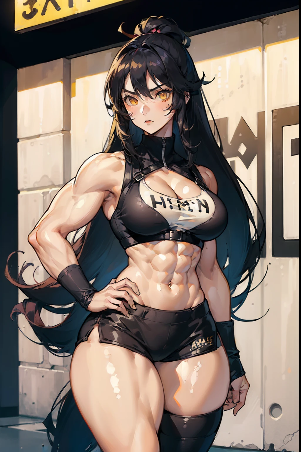((((((1 girl)))))), solo, black, hair, extremely long hair, yellow eyes, angry, ((((large breasts)))), ((((thick thighs)))), curvy, wide hips, (((((muscular))))), toned body, crop top, bike shorts, navel, abs, concrete