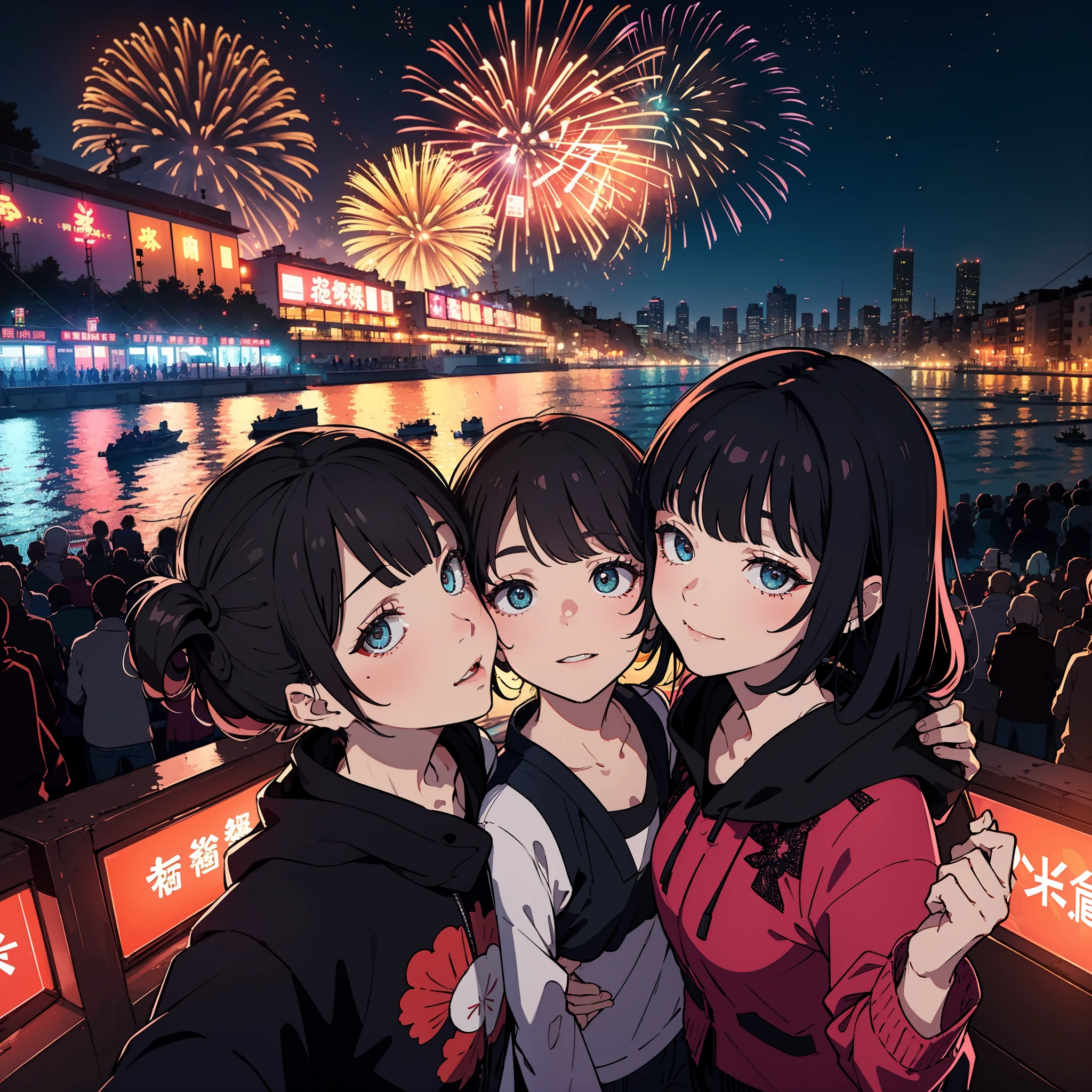 Gopro,Selfie of 一大堆情侣 kissing，Spectacular fireworks display in the background. The fireworks are huge，Grand ceremony，A beautiful feast，Electro-optical psychedelics