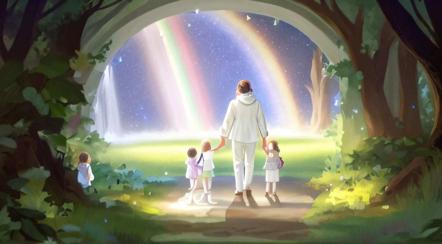 enchanted garden, light, rainbow, stars, man dressed in a white tunic among children dressed in white around him, lush nature, fantastic animals, precious stones, picnic, 4k, cinematic