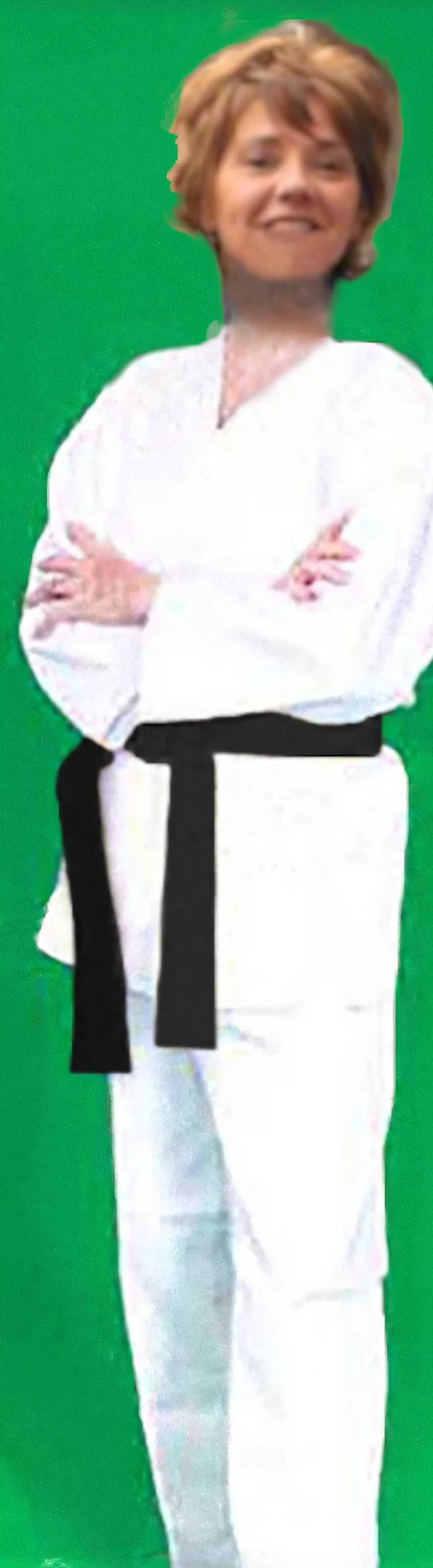there is a woman standing with her arms crossed in a karate pose, karate outfit, white belt, karate, wearing a white gi, white uniform, belts & velcro galore, belt, martial arts, silk belt, inspired by Masamitsu Ōta, gi, karate pose, detailed image, powerful detail, huge belt, kim jung gi style, obi strip