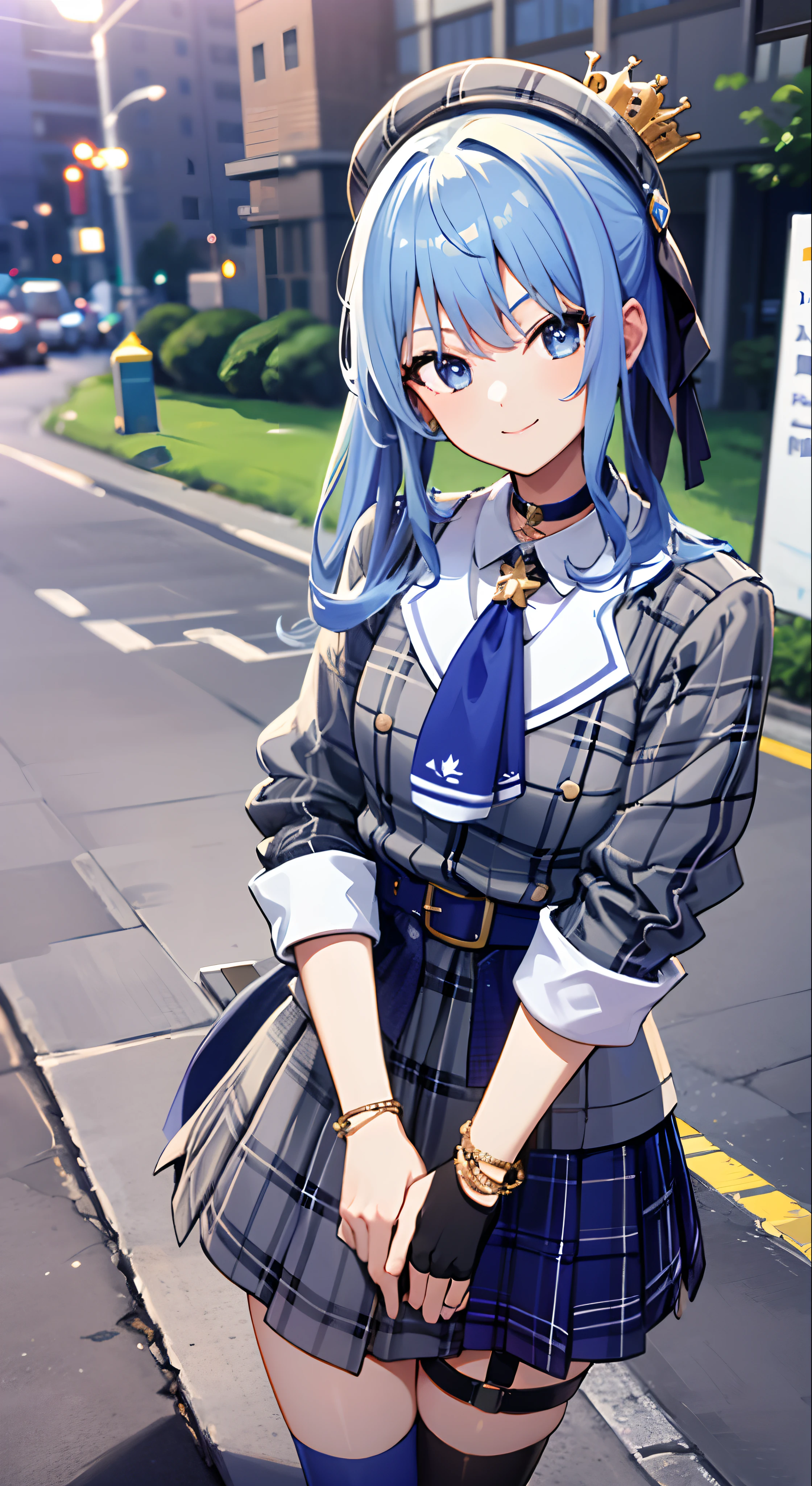 ​masterpiece, top-quality, Hi-Res, SUI1, 1girl in, 独奏, side poneyTail, hoshimachi suisei, Fingerless gloves, Single thigh, jewely, single sock, Thigh strap, A bracelet, Blue socks, buttoning, single kneehigh, Plaid dresses, Blue choker, Blue belt, plaid skirts, mini crown, Gray skirt, Blue Ascot, long-sleeve, Plaid jacket, cowboy  shot,A smile、blue hairs