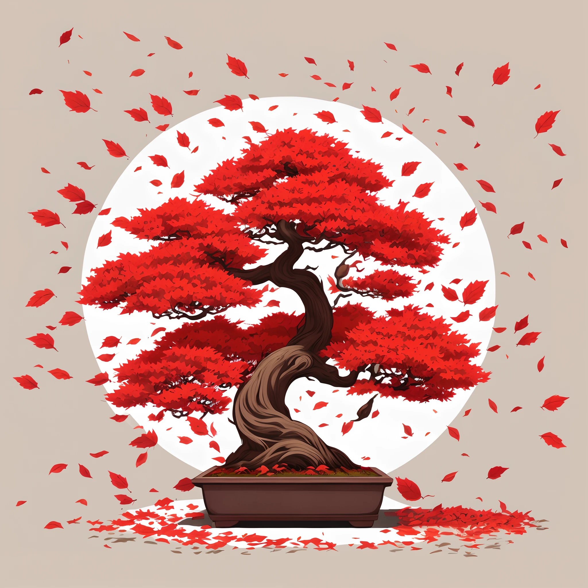 There is a bonsai tree with red leaves on it, a beautiful artwork illustration, feito de bonsai, bonsai tree, bonsai, japanese art style, galactic bonsai, bonsai trees, japanese style painting, Arte Japonesa, Highly detailed illustration, Japanese style of woodcut, Highly detailed illustration.", o vento sopra as folhas, Arte tradicional japonesa, maple tree, inspired by Sōami