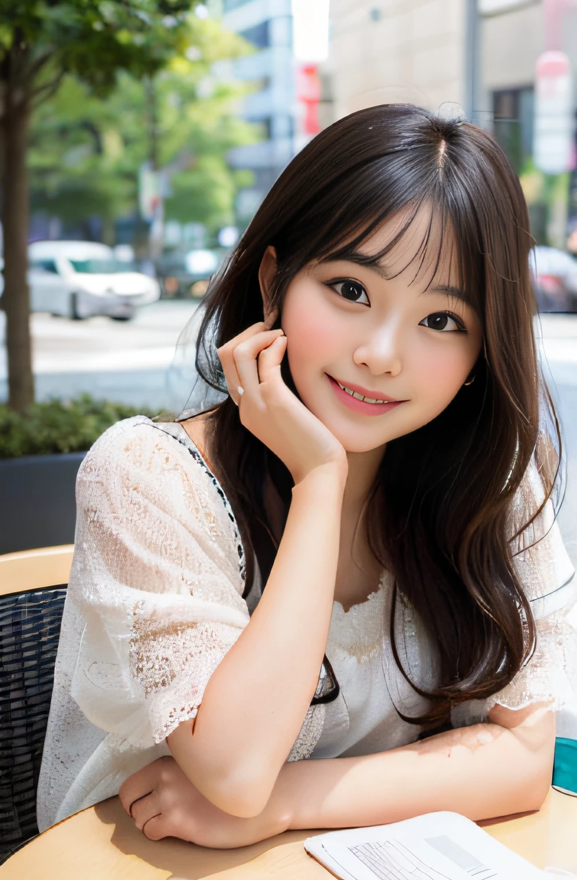 1girl, black hair, (18 years old:1.3),
A girl is sitting at the table across from me in the cafe, There is a cafe latte on the table, a cup of cafe latte, She is looking at me and smiling, (whole body:1.3), a somewhat long face,
(8k, RAW photo, best quality, masterpiece:1.2), High detail RAW color photo, professional photograph,(realistic, photo realistic:1.2), ((best quality)), bokeh, using reflectors, f/1.4, 50mm,
japanese girl, detailed beautiful face, finely detailed face, (bashful smile:1.2),captivating smile, beautiful, extremely pretty, cute like a doll, female idol, round big eyes, small nostrils,