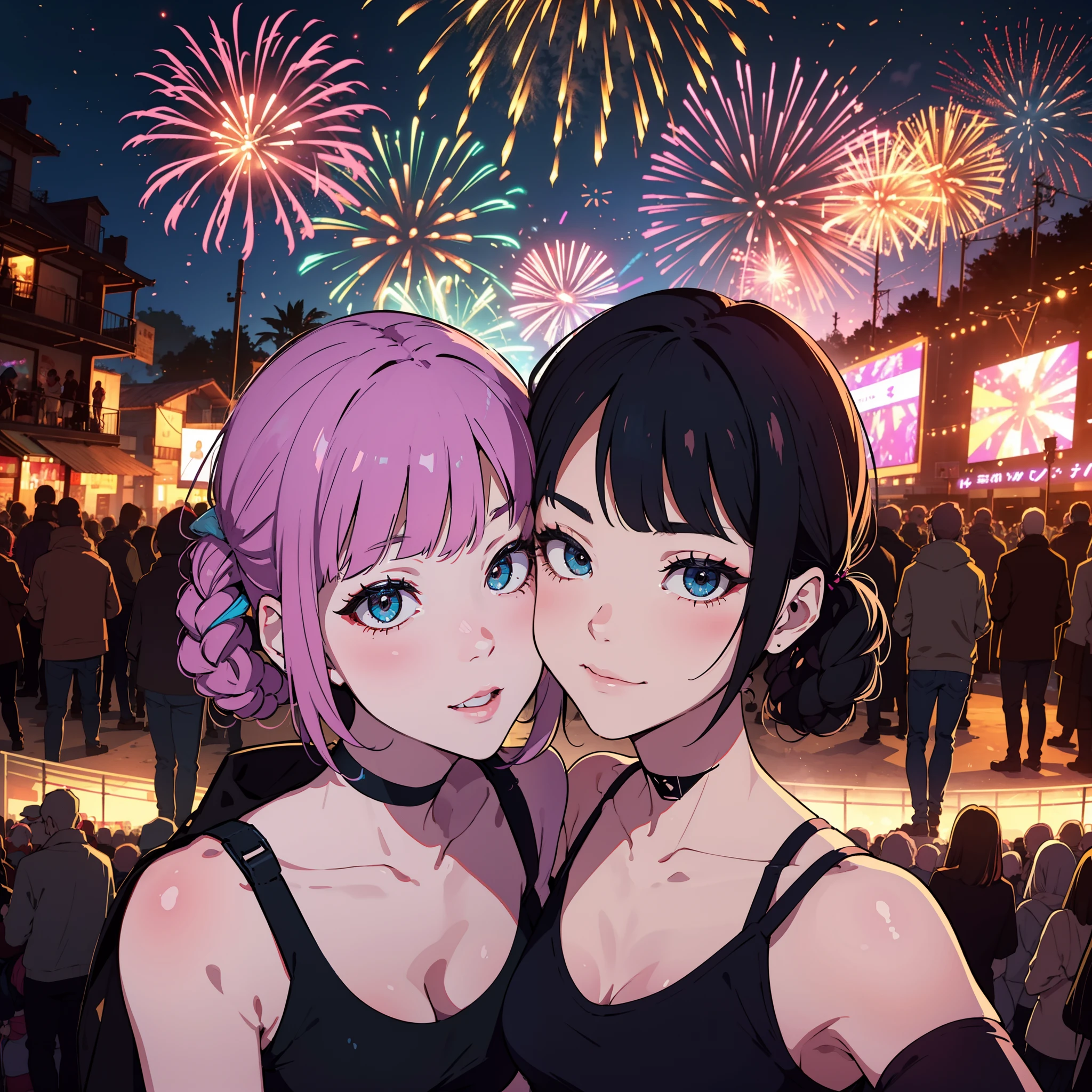 gopro,Selfie of a couple kissing，Spectacular fireworks display in the background. The fireworks are huge，Grand ceremony，A beautiful feast，Electro-optical psychedelics