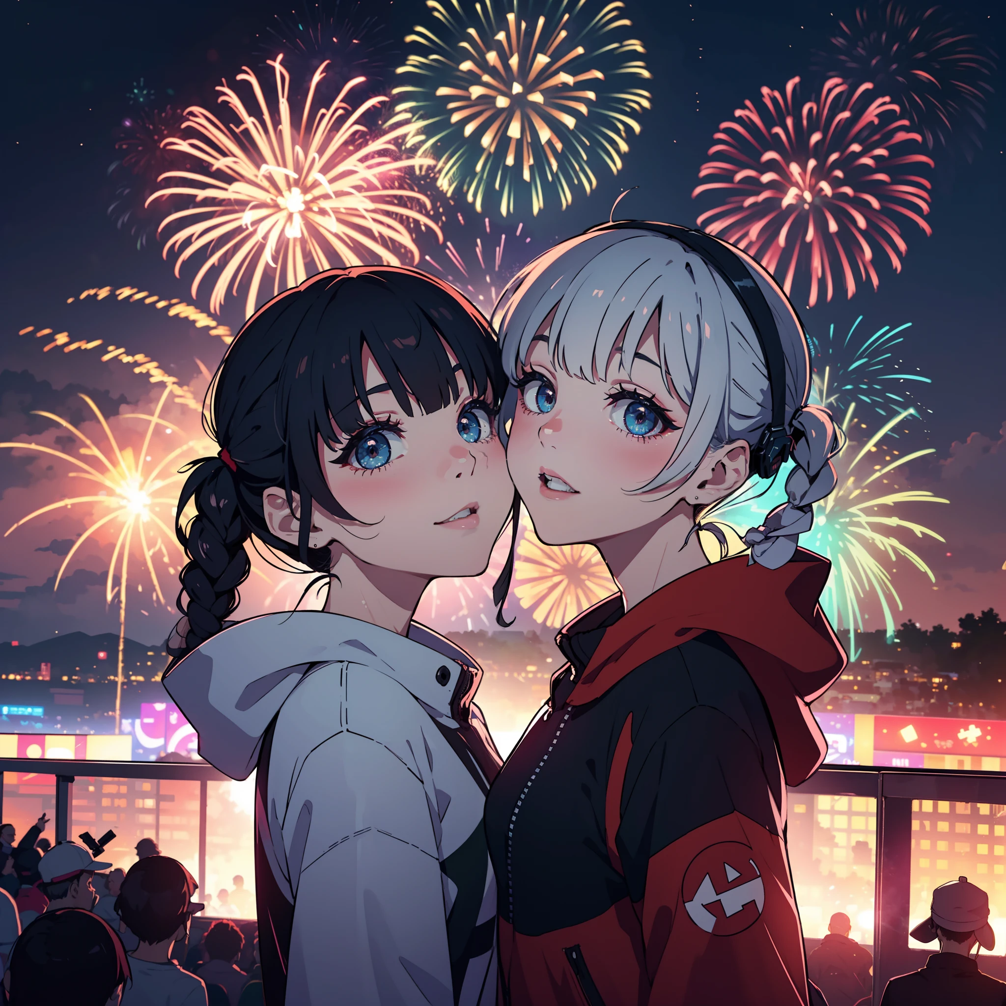 gopro,Selfie of a couple kissing，Spectacular fireworks display in the background. The fireworks are huge，Grand ceremony，A beautiful feast，Electro-optical psychedelics