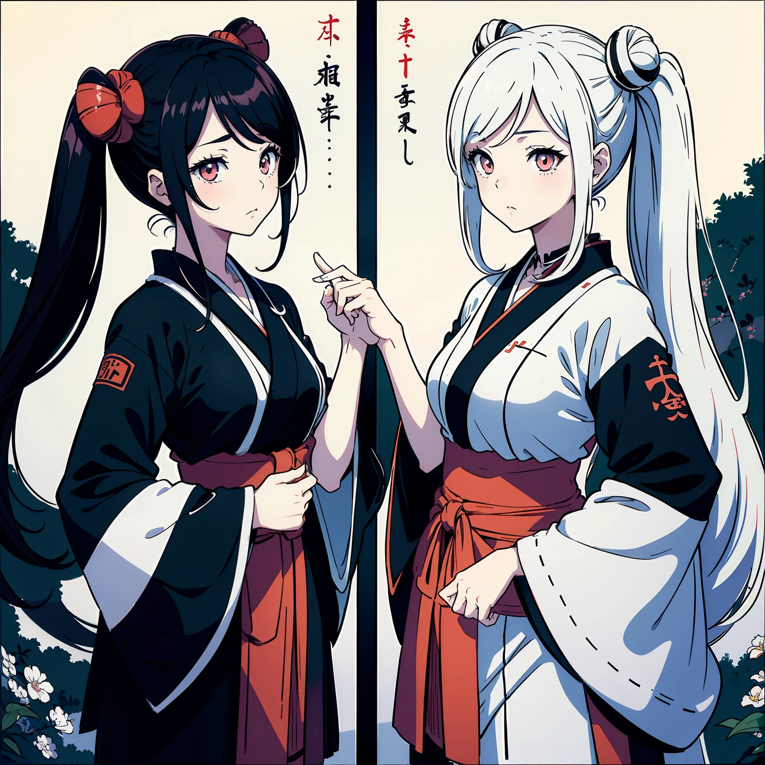 (masterpiece), high quality, traditional Japanese animation, black and white twins girls, contrast, passionate colors, wearing conbat uniforms