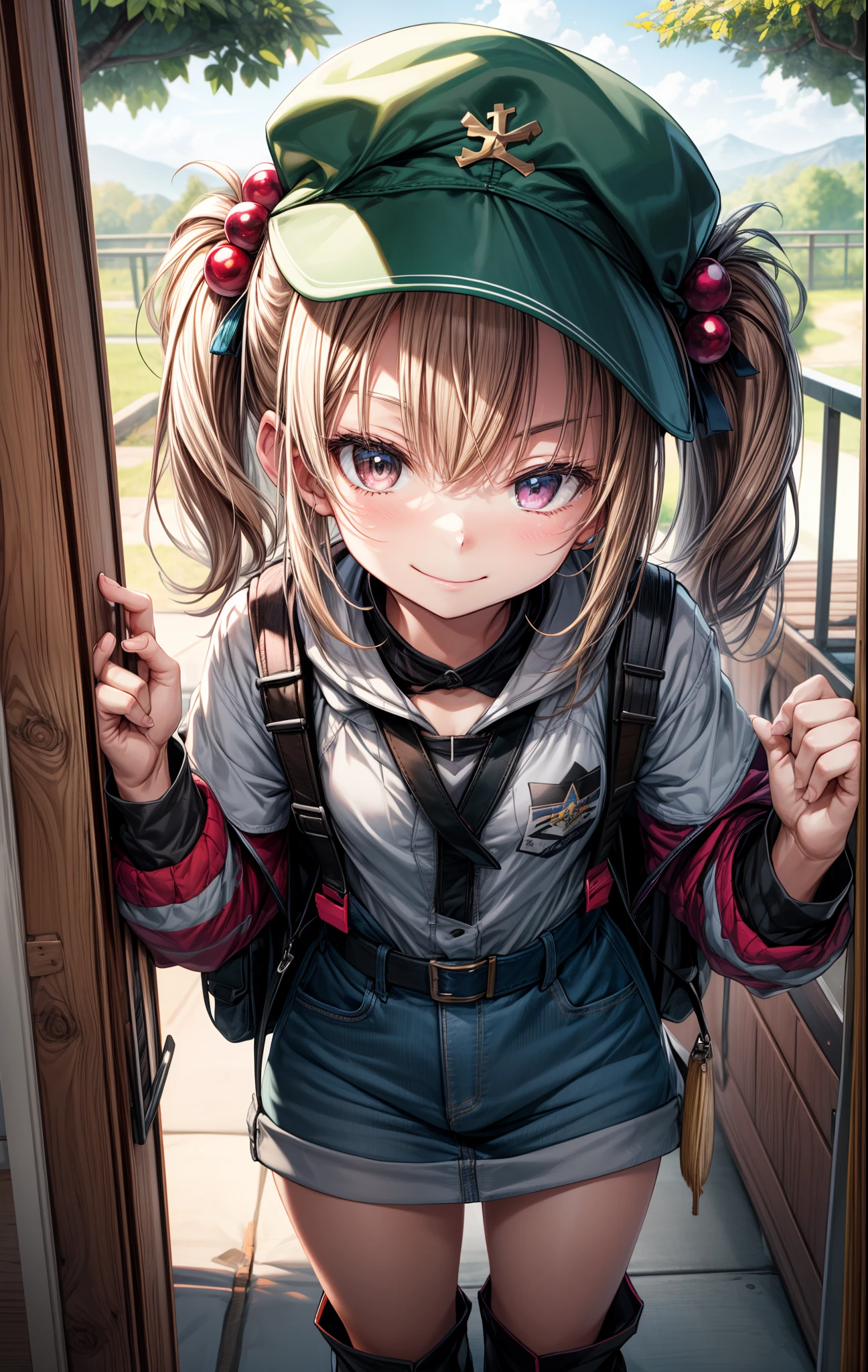 masutepiece, Best Quality, ,1girl in,Smile,Kawashiro Nitori, Closed mouth,two side up, hat,hair bobbles,backpack,keys,Hold cattail,Rubber boots,greybackground, (nffsw:0.7) Hires, Best Quality, Official art, NSFW, best anatomy, 1girl in, SEX, on the beds, POV, , Mission Grab, missionaries, masutepiece, Best Quality,Mission Grab,Doggie Grab