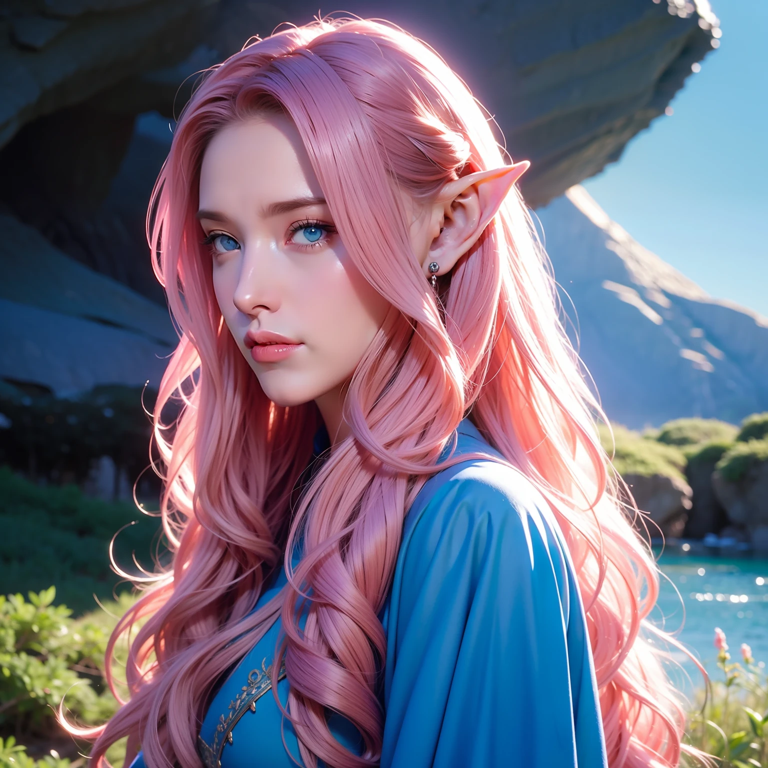 1 woman, long curly hair, pink hair, blue eyes, pointy ears, elf, magical background, blue scenery, shrouded powers, elf