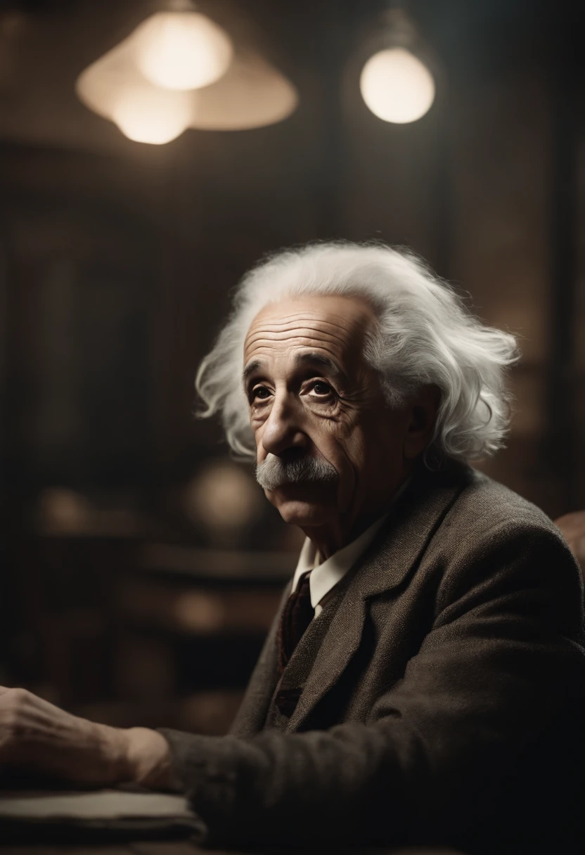 scientist Albert Einstein looking to the side with great anger, a rare moment of intense anger asking for silence with a finger in his mouth,, mysterious, against the backdrop of a dimly lit large hall with imposing and foreboding windows shrouded in fog, casting a mysterious and mystical environment, as if the shadows themselves were about to reveal a sinister secret, with a warm, muted color palette of burnt oranges, faded golds and dusty blues, evoking a sense of aged and forgotten knowledge, surrounded by scattered tomes and dusty and ancient scientific instruments, bathed in a warm, soft glow. vintage retrocore, daguerrotype,, photo, cinematic