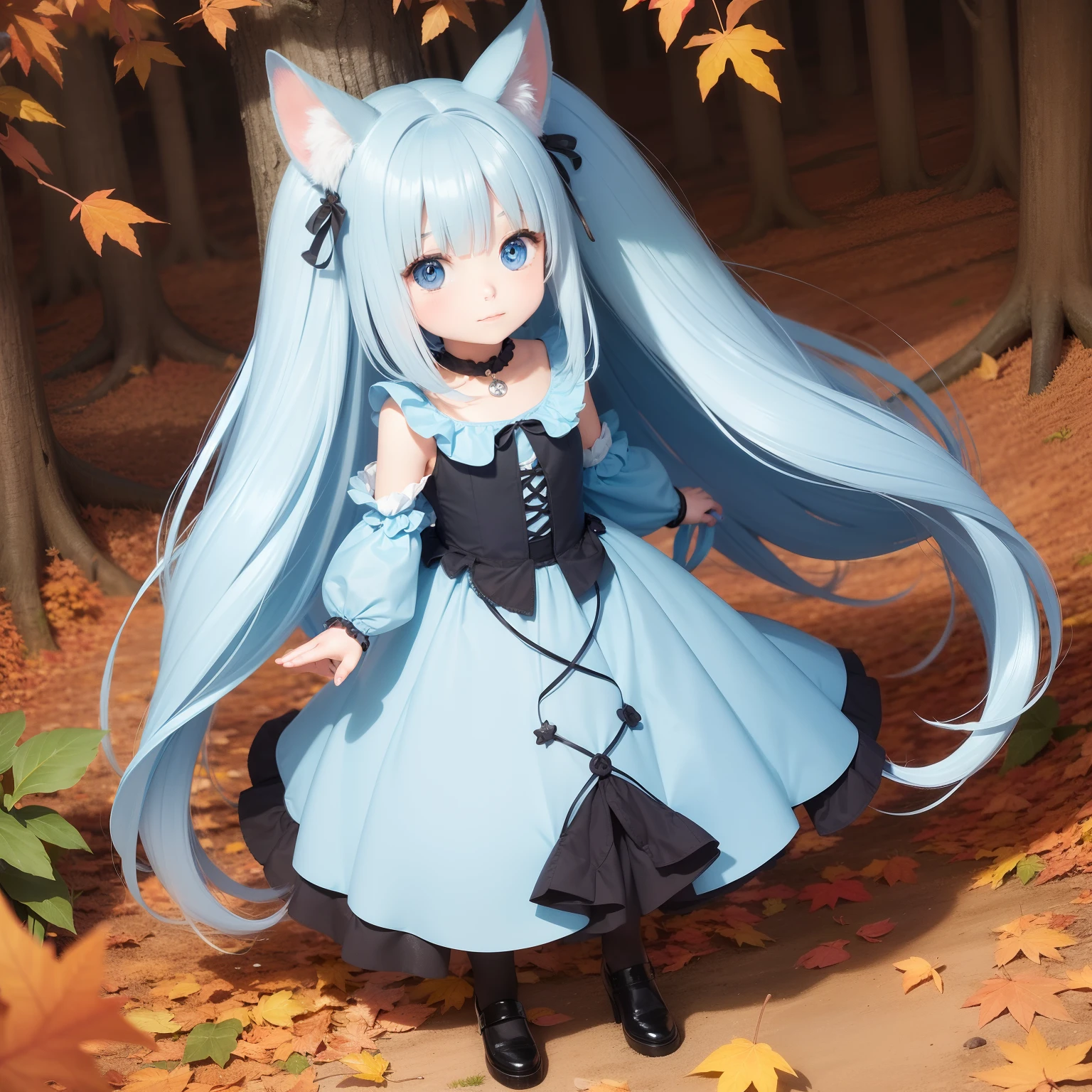 Cute little girl and puppy Light blue long hair、Black eyes、Large in the center Stroll through the forest of autumn leaves Fairy tale background Fantasia